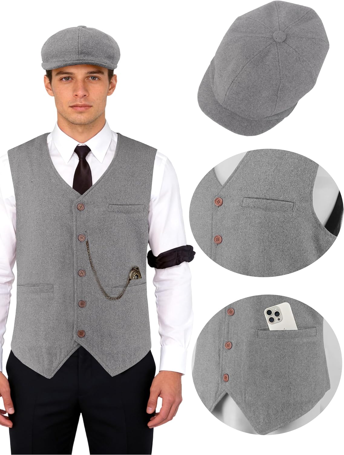 Adult 1920s British Gangster Costume Men Classic Vintage Vest Flat Cap Pocket Watch for Halloween Cosplay