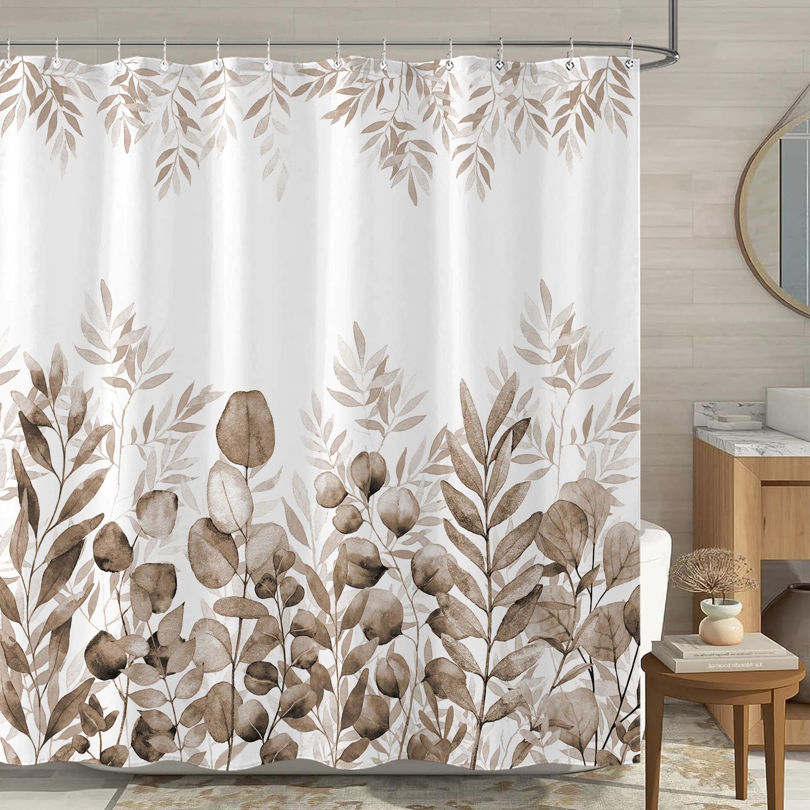 AMM Brown Eucalyptus Shower Curtain Watercolor Plant Leaves Shower Curtains for Bathroom Waterproof Fabric Botanical Leaf Bath Curtain Decor (Brown, 72''×72'')