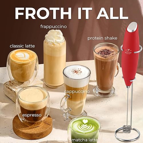 Vista 537 de Zulay Kitchen - Espumador de leche de mano con pilas AA Duracell: batidora de bebidas resistente para café, latte, capuchino y más, color aurora
