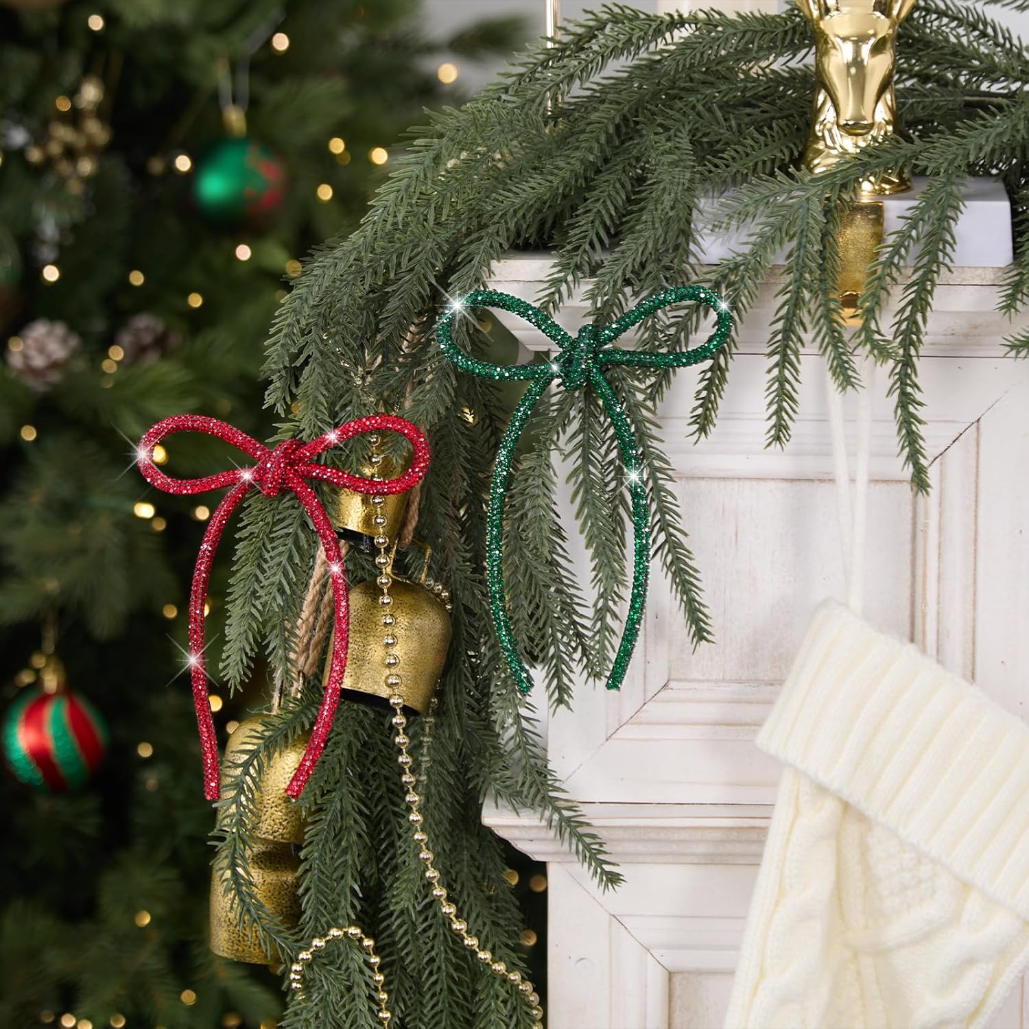 FLAIR GIFTS 12 Pcs 4.3" x 6" 2025 Christmas Bows for Tree Decor, Green and Red Sparkly Glitter Rhinestone Bow Ornaments with Twist Tie for Xmas Decoration, Wreath, Garland, Gift Wrapping