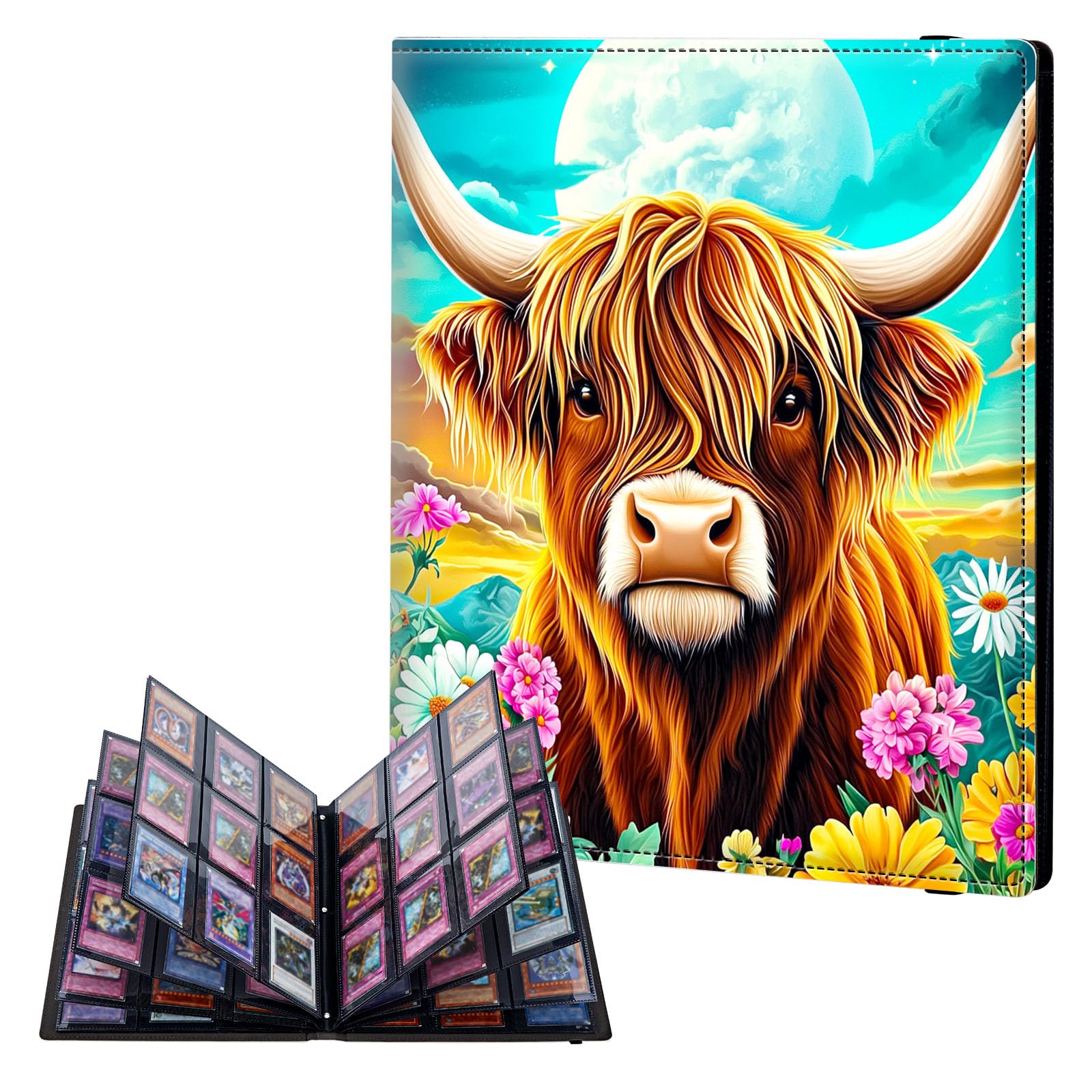 ETLKJVBL 9 Pocket Trading Card Binder, Card Collection Binder for TCG, MTG, Sports Cards, Baseball, Cute Highland Cow Flowers Trading Card Book Holder for Collectors, Top Loader Binder — image 1