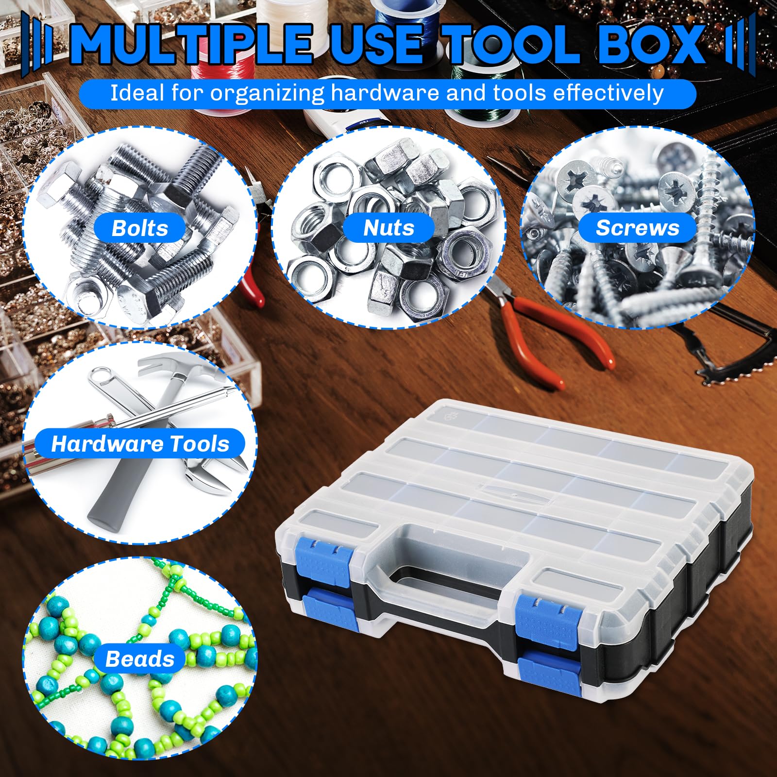 Organizer per piccole parti, scatola per attrezzi, 34 scomparti, a doppio lato, con divisori rimovibili per piccoli attrezzi, viti, bulloni, dadi, chiodi, perline (blu)