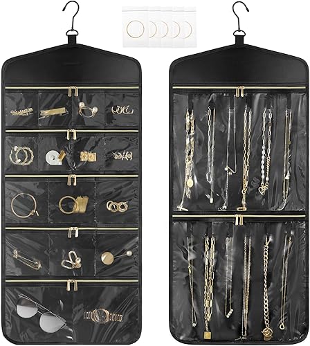 CHICECO Organizador de joyas colgante con bolsillos grandes con cremallera, soporte de doble cara para collares, aretes, joyas para armario, puerta,