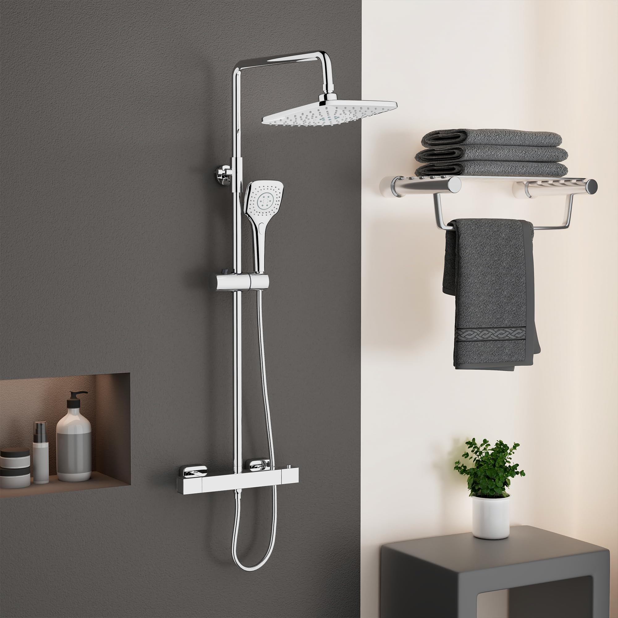 PURAGEIRSquare Thermostatic Shower Mixer Set, Thermostatic Shower System with 3 Functions Hand Shower, Bar Mixer Shower Set with Adjustable 8'' Overhead Rainfall Shower,Chrome