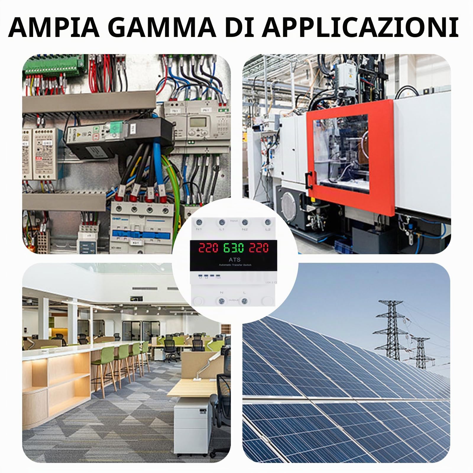 ATS 63A Monofase Automatico AC220V Commutatore Automatico di Trasferime Protezione Regolabile da Sovratensione e Sottotensione Display LED Inversione Automatica di Fase Montaggio su Guida DIN da 35 mm