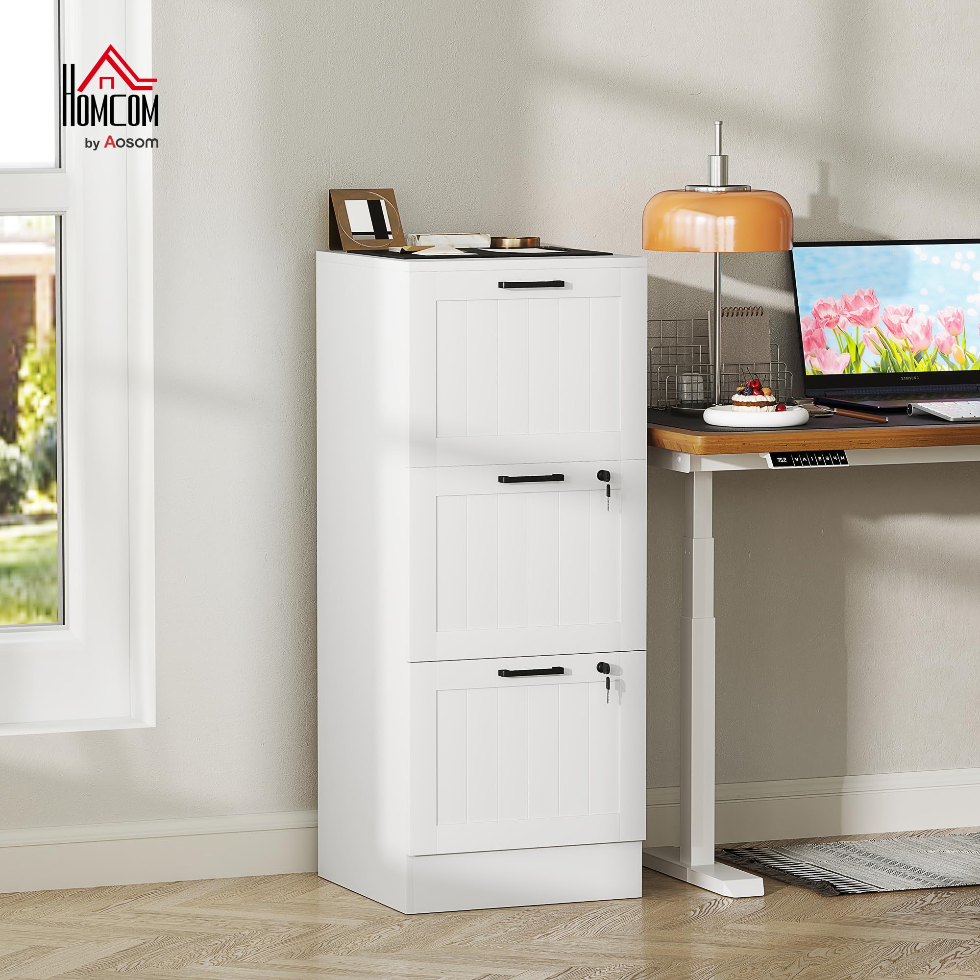HOMCOM Cassettiera da scrivania con 3 cassetti e serrature, mobile per ufficio con barre di sospensione regolabili per documenti, cassettiera compatta per ufficio o camera da letto, 40x40x101 cm