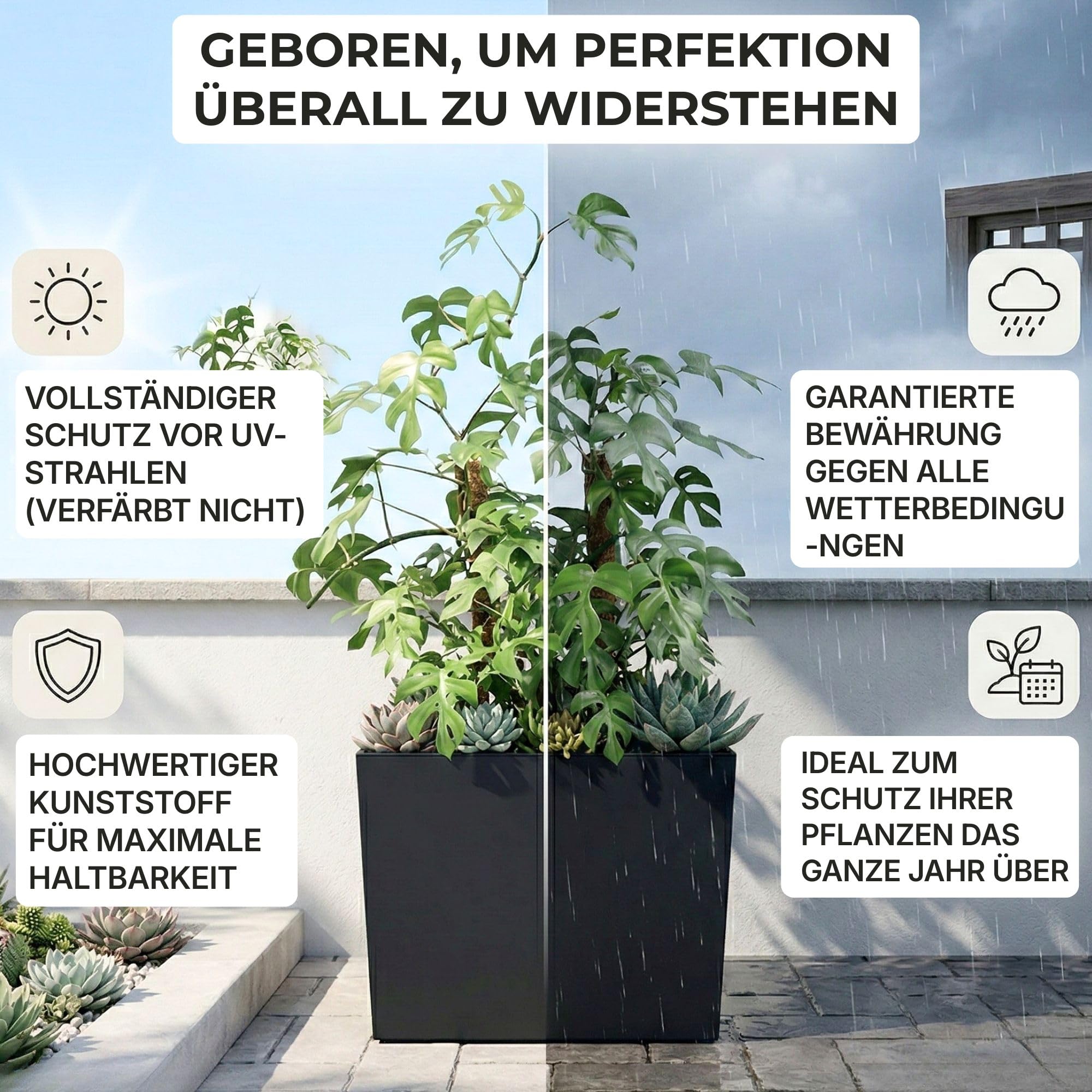 IMJ-Global - 2 Blumentopf Gross Innen, Balkon Blumenkasten Plastik (58x18x49,8cm - 44 Liter, mit 12-Liter-Einsatz) Zur Dekoration des Hauses oder für die Außenausstellung, Kräutertopf (Schwarz)