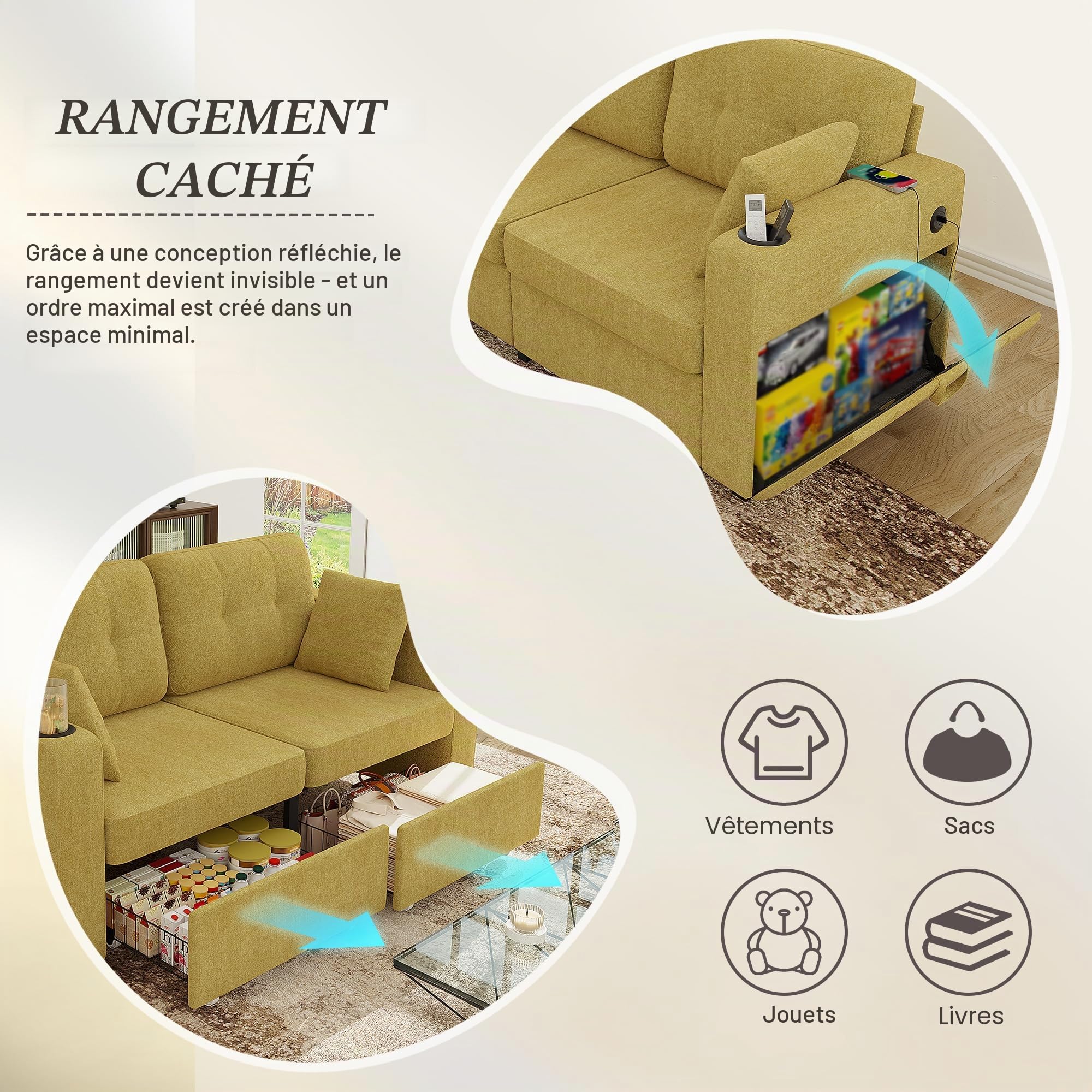 Canapé 2 Places avec Rangement,Canapé d'angle Moderne,2 tiroirs sous l'assise,accoudoirs avec Porte-gobelets,Ports USB/USB-C,Poches latérales,Tissu Chenille,Jaune Moutarde