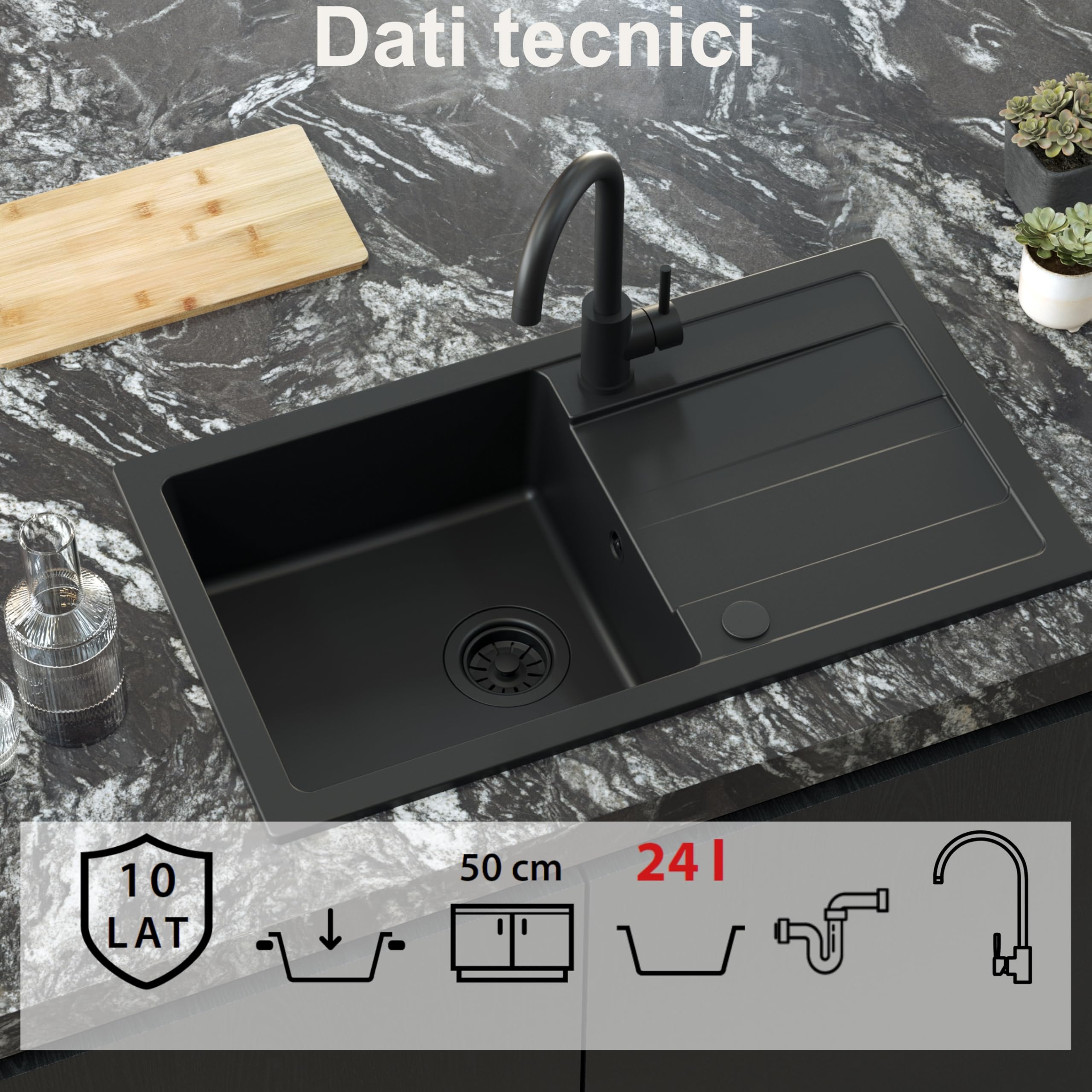 QUADRON Lavello da cucina in granito | dimensioni 77 x 44 x 17,6 cm Nero | Lavello GO MAX in granito Lavello a vasca singola | Lavello da incasso con rubinetto da cucina