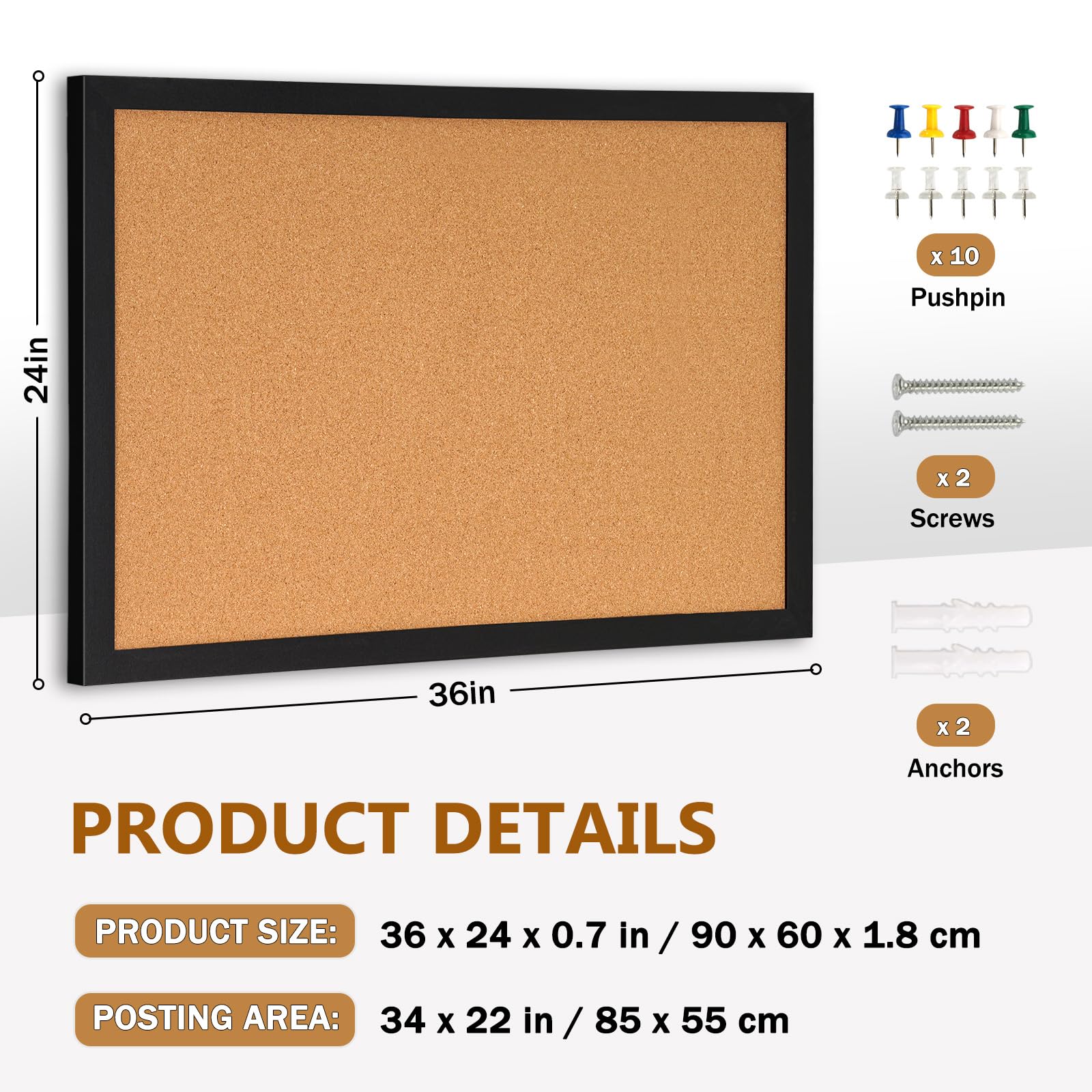 Dollar Boss Korktafel für die Wand, 91,4 x 61 cm, Pinnwand für die Wand mit schwarzem Holzrahmen, Bildanzeige, Pinnwand, breite Sichttafel für Büro, Zuhause, Schule, Zimmer, dekoratives Aufhängen, 10