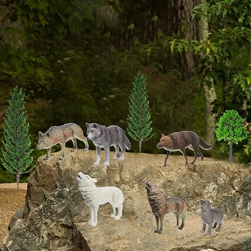 Miniatura 5 de Sratte Juego de 26 figuras de lobo del bosque, figuras de lobo pequeño con árboles modelo, juego de decoración de pasteles, kit de proyecto de