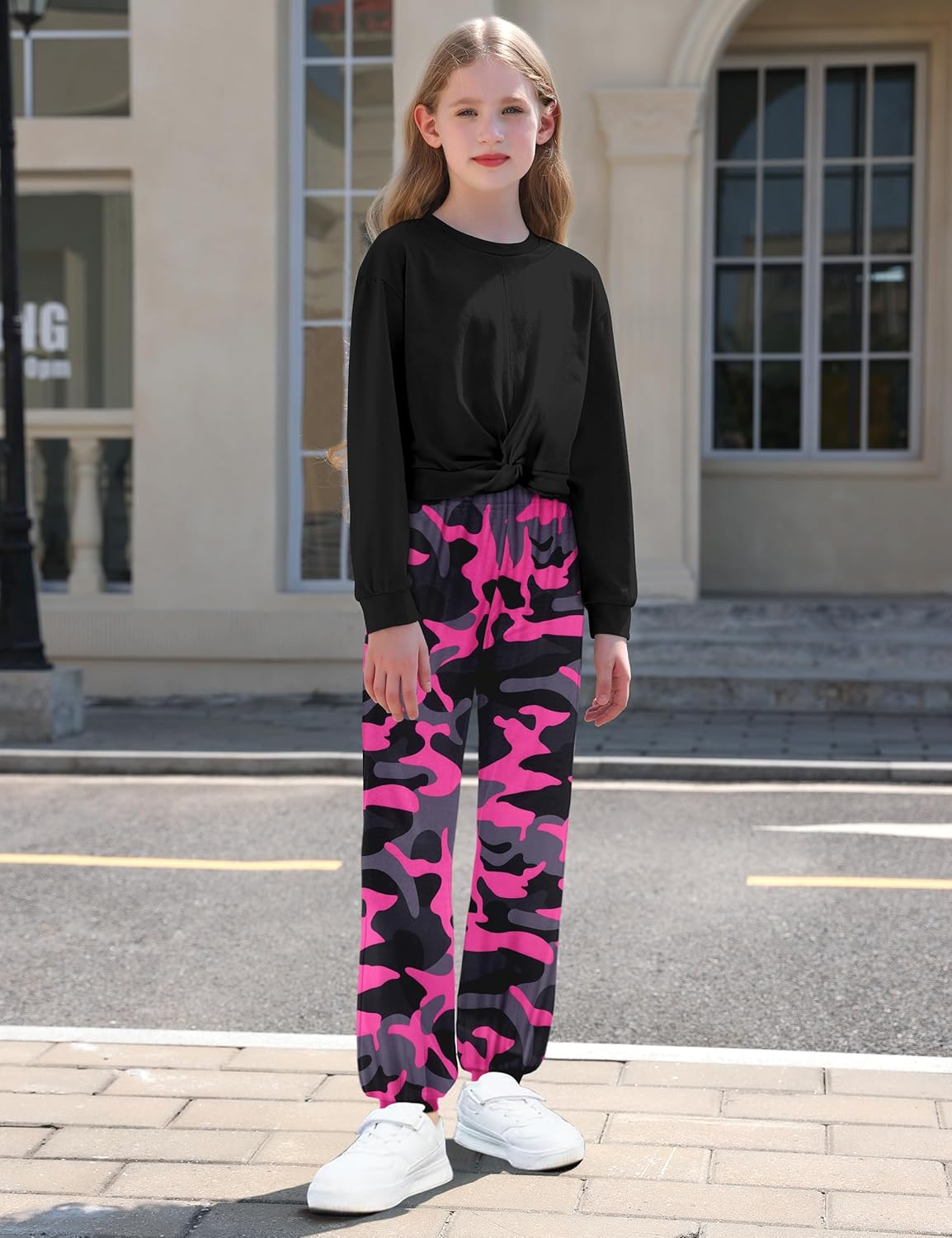 NECIOUS Girls Fall Outfits 2 Piece Fashion Twist Front Pullover Sweatshirt and Camo Pants Clothing Sets 5-14Y - Image 3