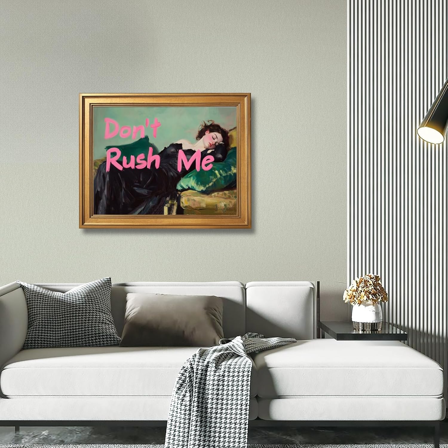 Gold Framed Don't Rush Me Wall Art Abstract Altered Portrait of Sleeping Woman Canvas Poster Trendy Pink Graffiti Oil Painting Print Vintage Maximalist Wall Decor for Girly Bedroom 12x16inch