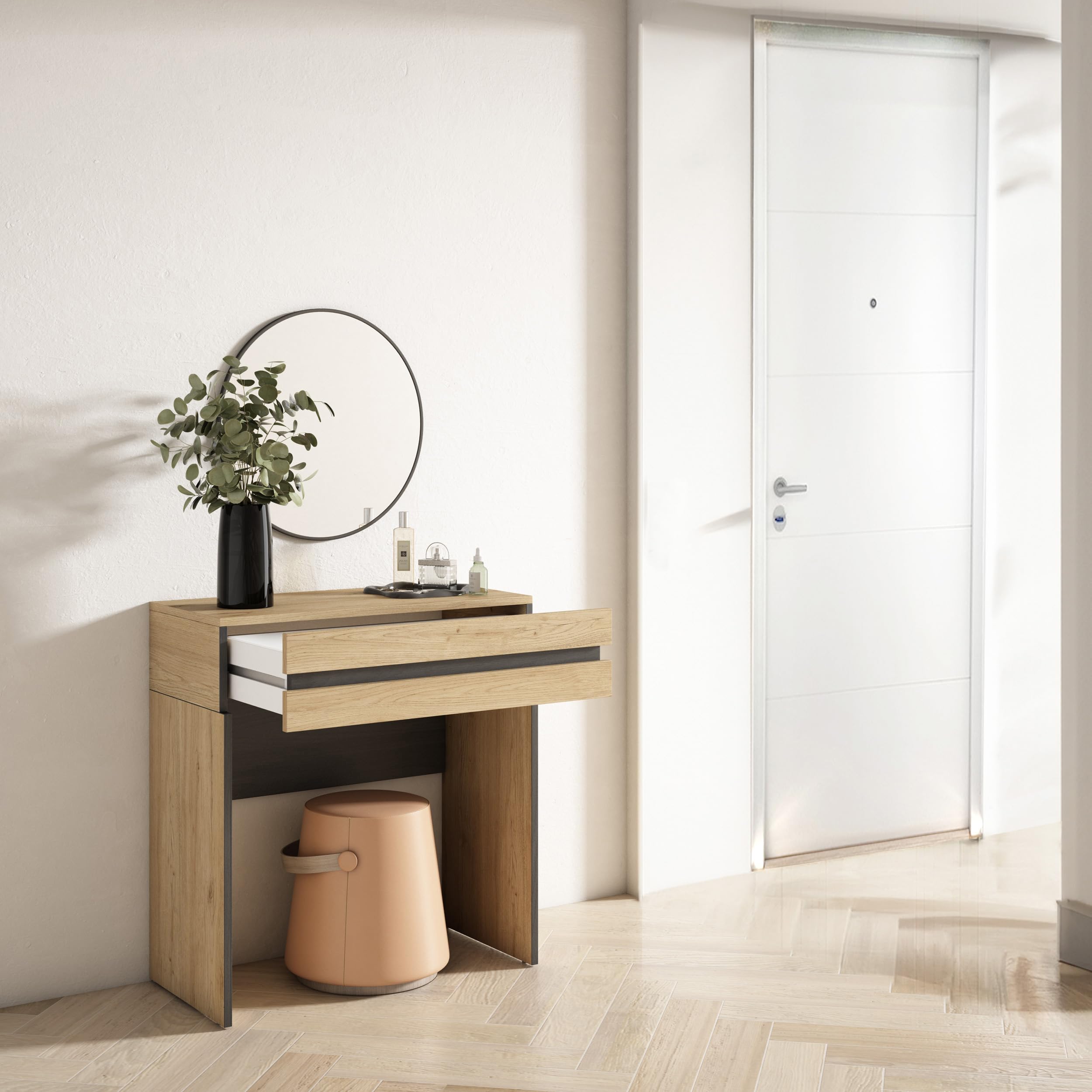 Skraut Home | Coiffeuse | Table Maquillage, Rangement | 70x75x35 cm | avec tiroir | Chambre à Coucher | Style Moderne | Chêne