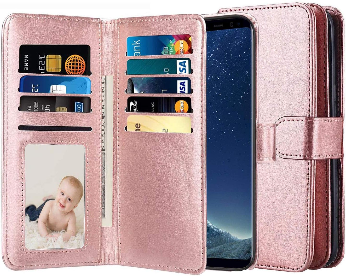 J.west Galaxy S8 Case Strap Luxury PU Leather Flip Wallet Case Cover Credit Card Holder/Slots Cash Pocket Protector for Samsung Galaxy S8 2017 (Rose Gold)