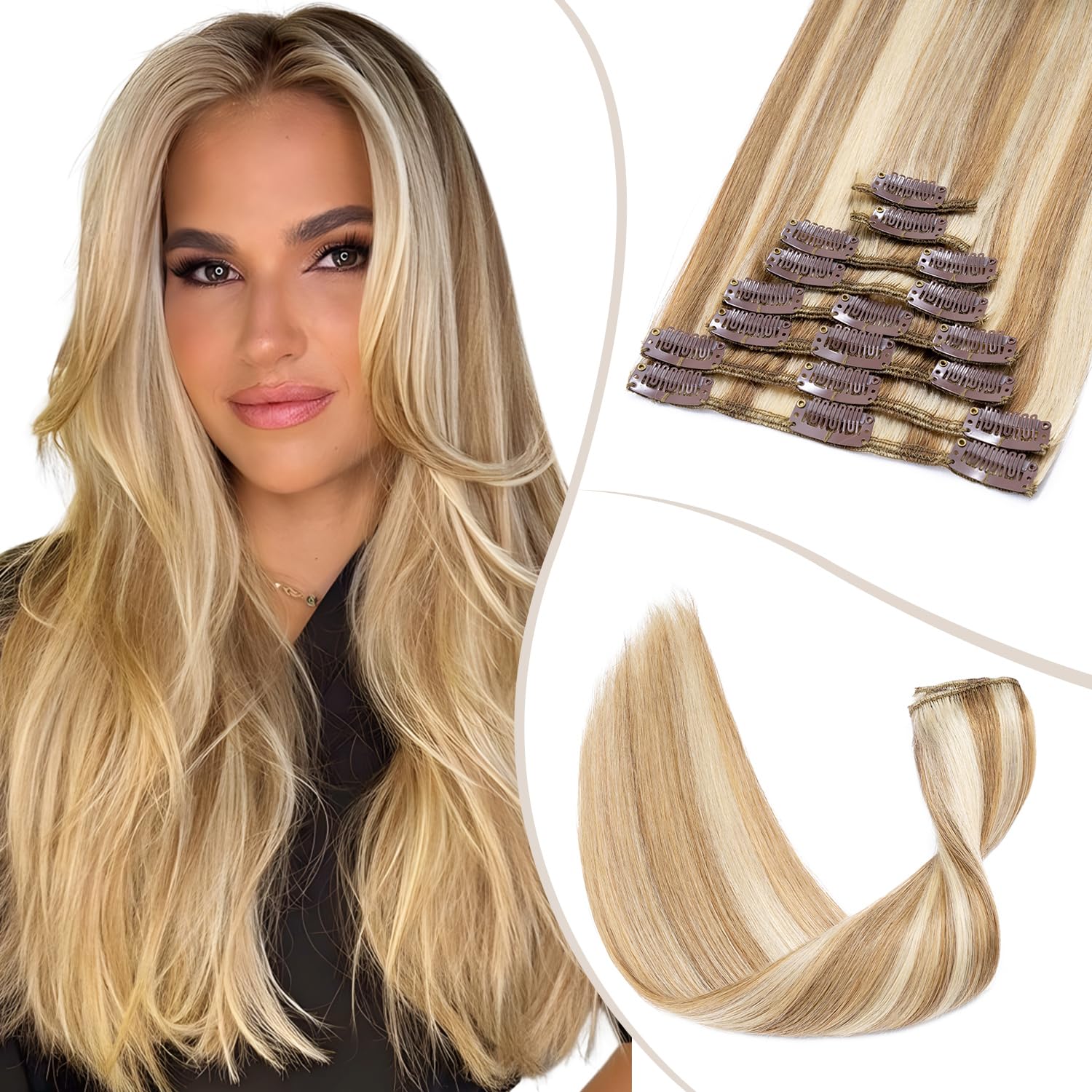 TESS Clip in Hair Extensions Real Human Hair 8 Pieces 18 Clips Natural Straight Handmade Seamless Instant Volume & Length for Women UK #12P613 Golden Brown & Bleach Blonde #18 inch 140g
