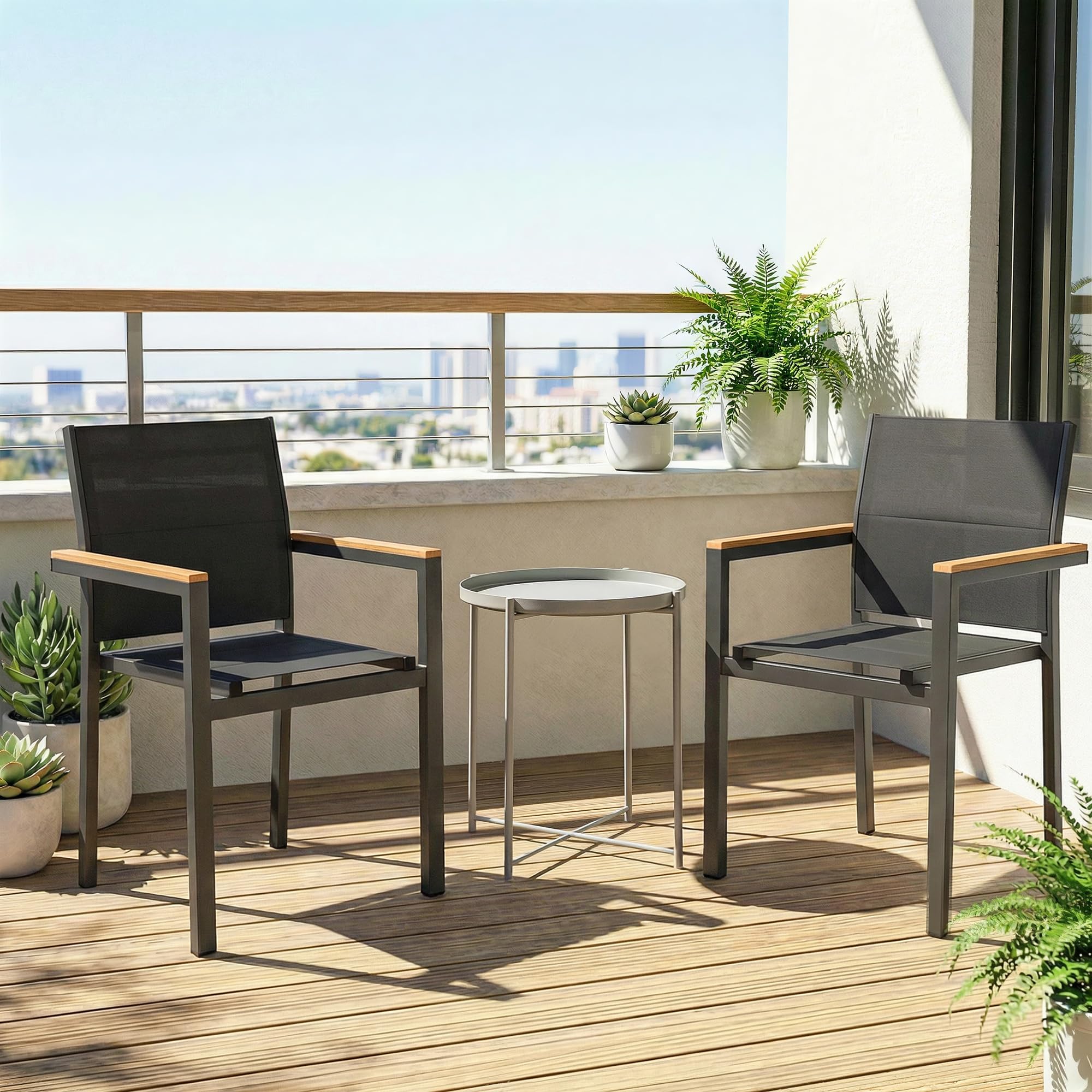 Outsunny Set 2 Sedie da Giardino Impilabili Imbottite in Texteline, Alluminio con Braccioli Effetto Legno, 56x55x85 cm, Grigio Scuro