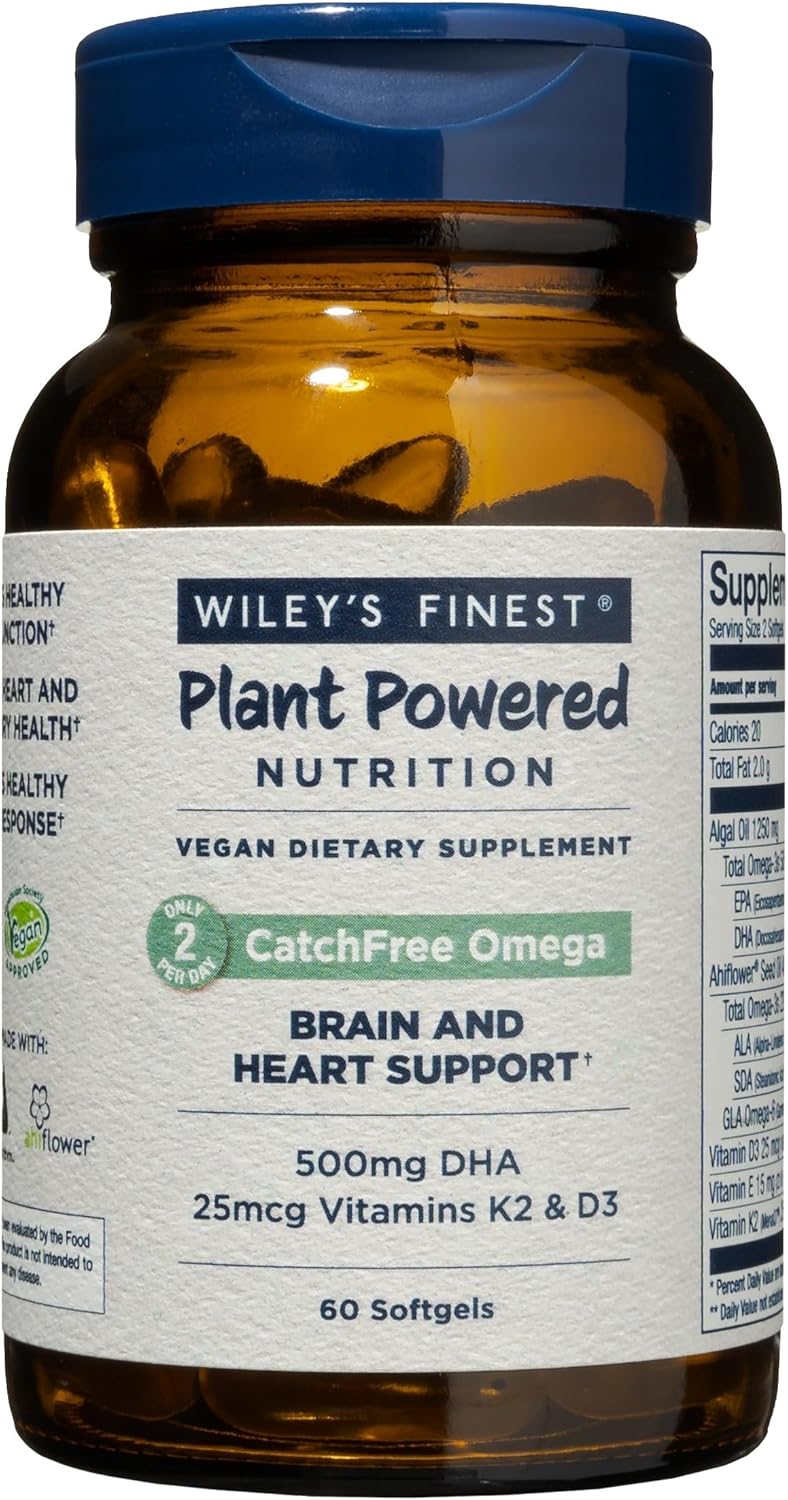 Wiley's Finest CatchFree Omega - Vegan, Non-GMO Fish Oil Alternative - Full Spectrum Omega-3 Liquid Supplement with Organic Plant-Based Algae Oil - 60 Softgels (60 Servings)
