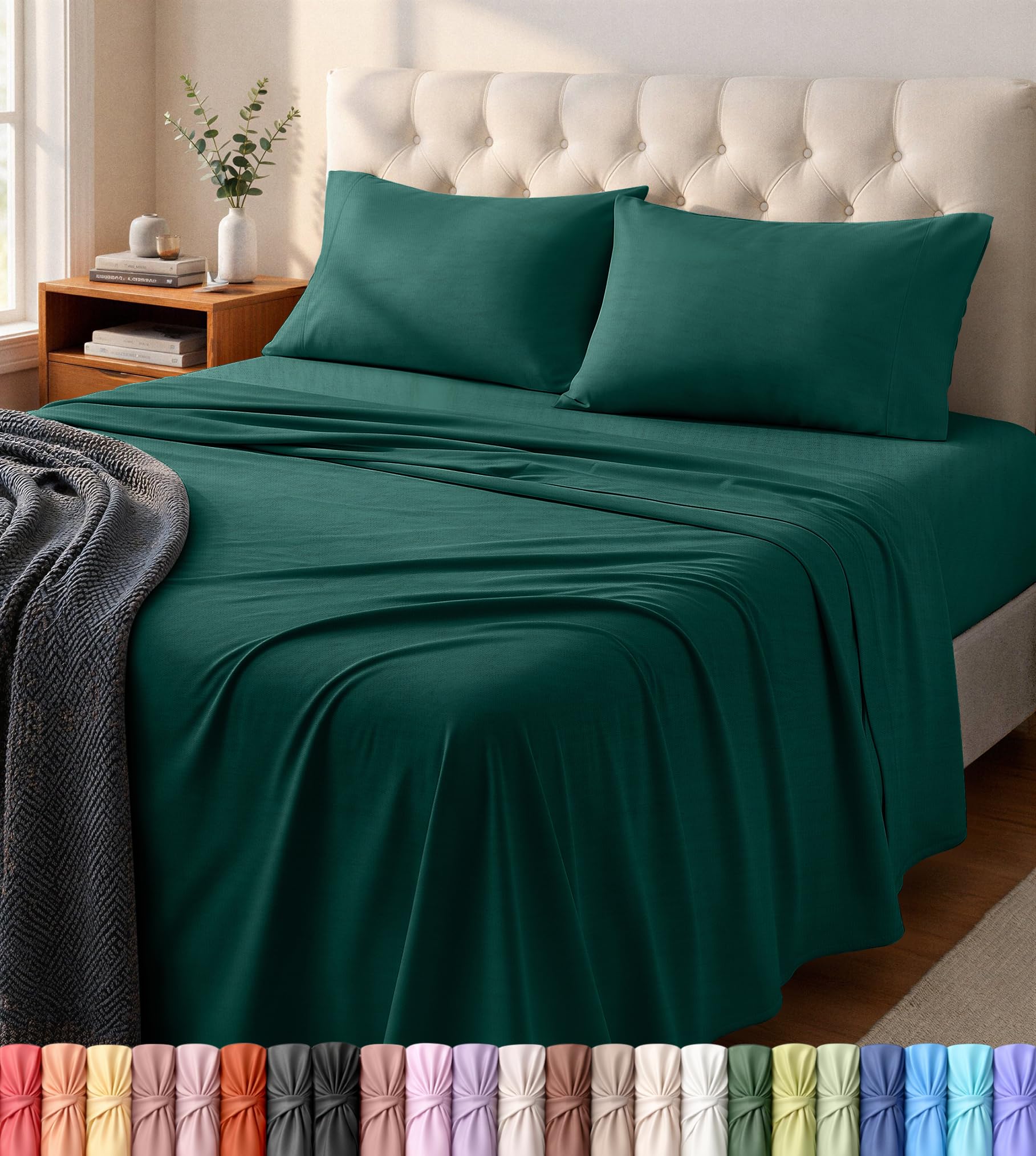 bedding king sheet set - jersey knit sheets 4 piece – cotton – soft t-shirt stretchy sheets (green)