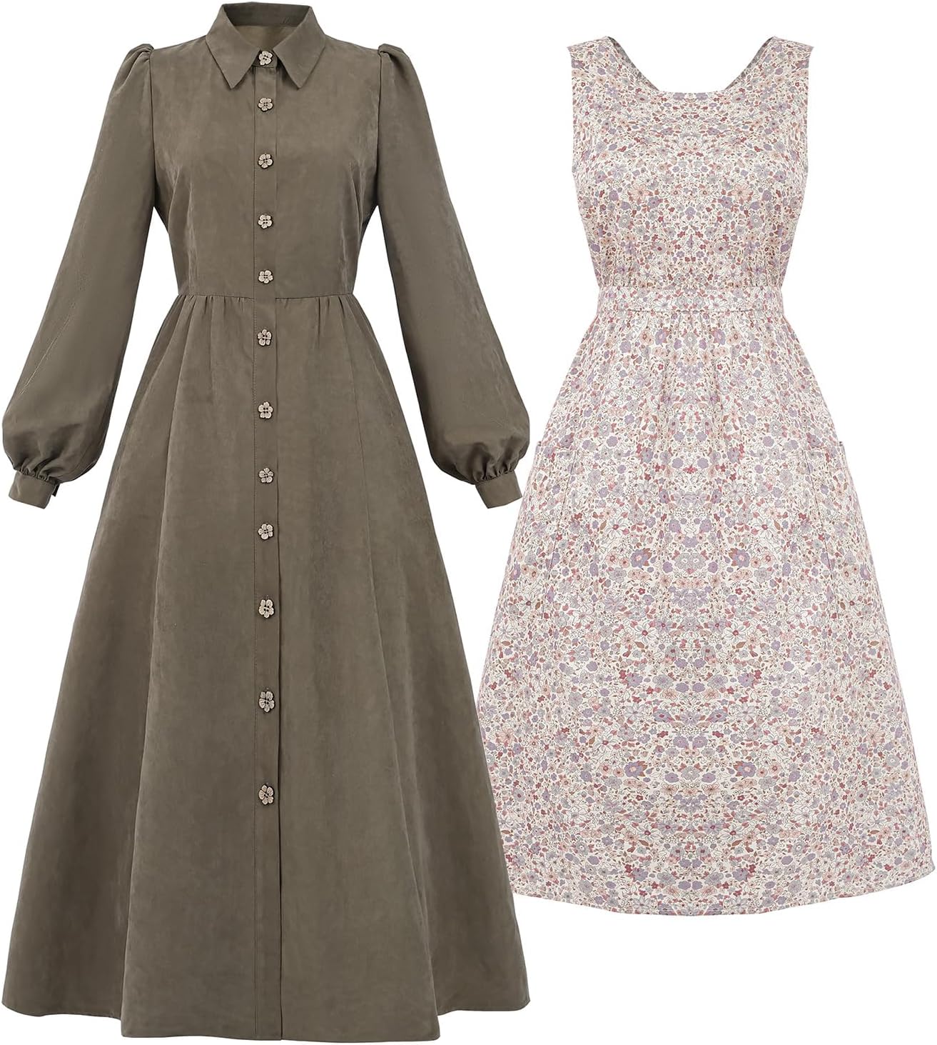 LTAKK Colonial Dress Women Pioneer Costume Pilgrim Prairie Dresses with Floral Pinafore