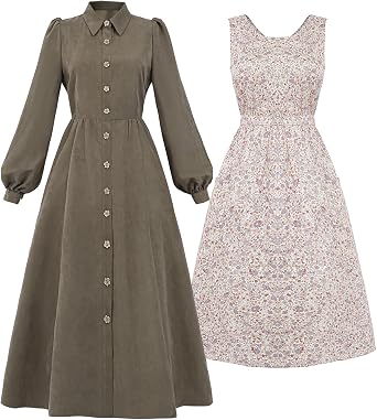 LTAKK Colonial Dress Women Pioneer Costume Pilgrim Prairie Dresses with Floral Pinafore