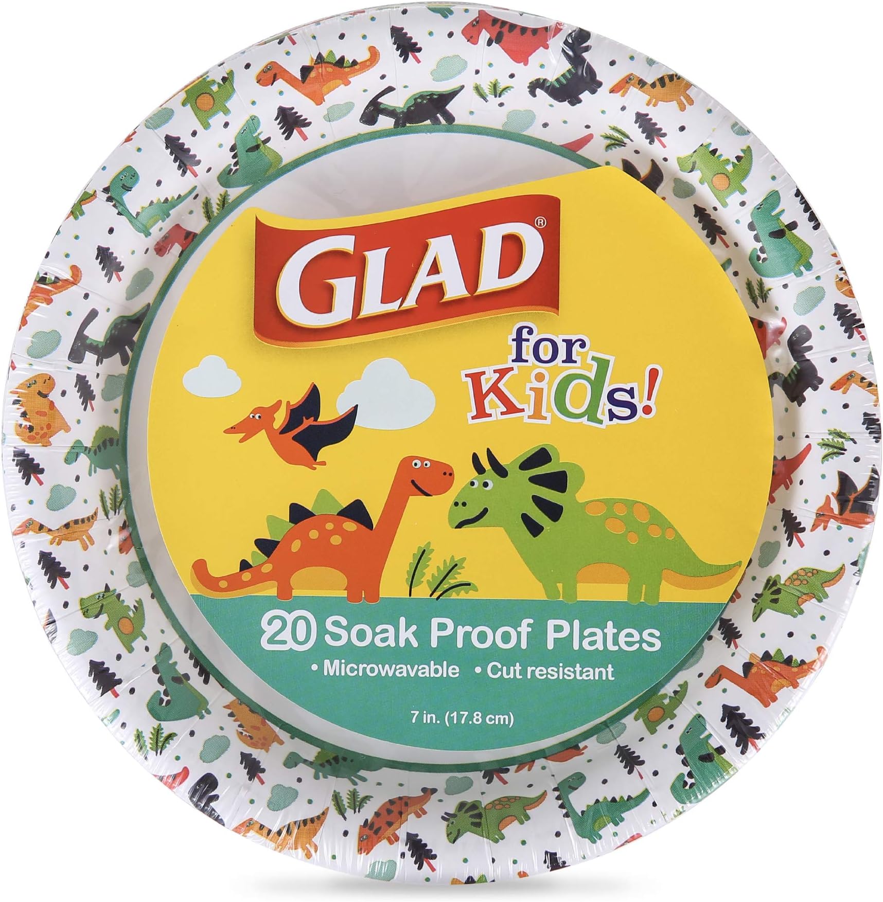 Glad for Kids Dinosaur Disposable Paper Plates, Heavy Duty Soak Proof Microwave Safe Kids Plates for Snacks, Meals, and Parties, Fun Dino Design, Party Pack, 7 Inch, 20 Count
