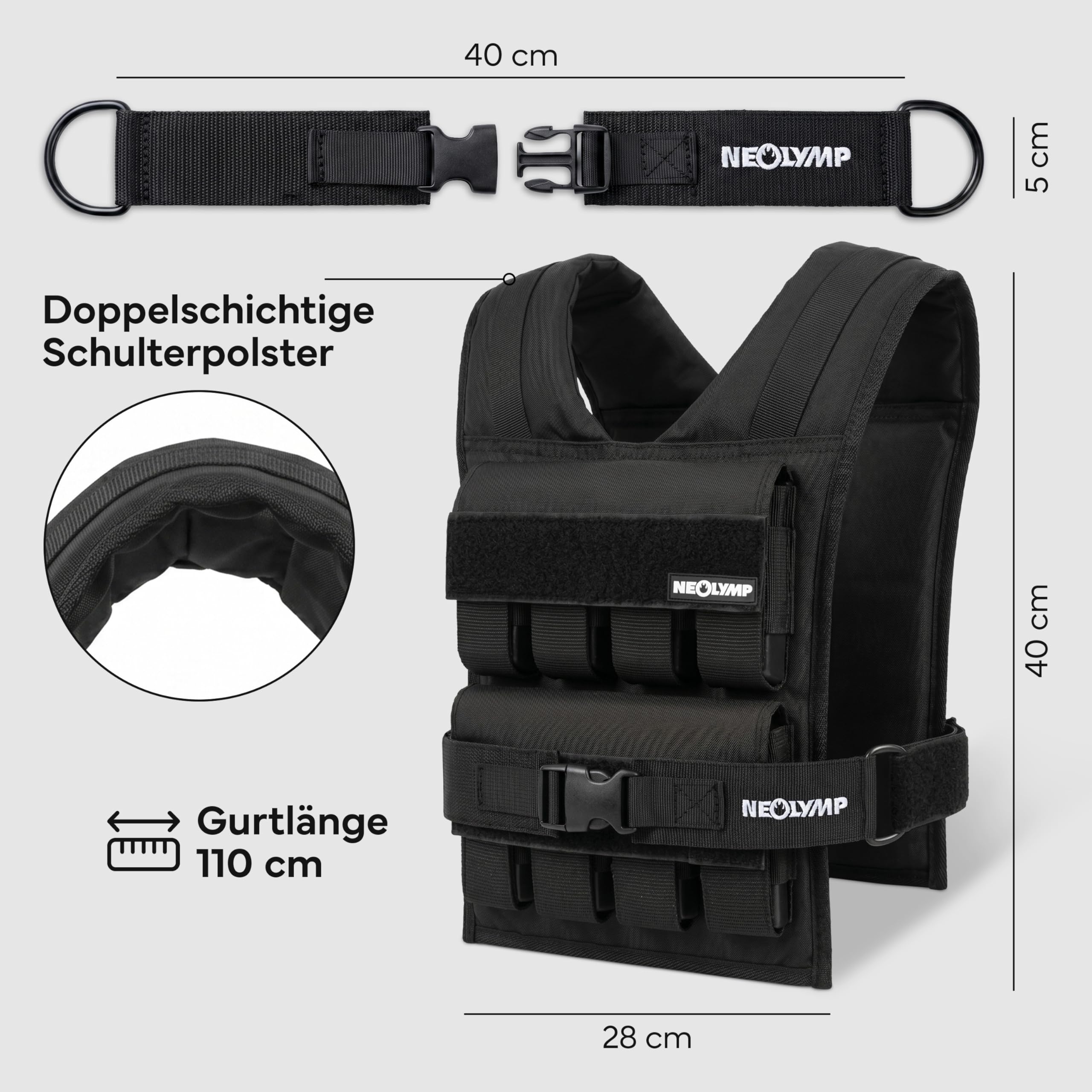 NEOLYMP Gewichtsweste 20kg – 16 Metallblöcke à 1,2kg – Stufenlos verstellbar bis 20 kg– Kein Verrutschen – Calisthenics Equipment & Krafttraining - Weight Vest – Plattenträger Weste Herren Damen