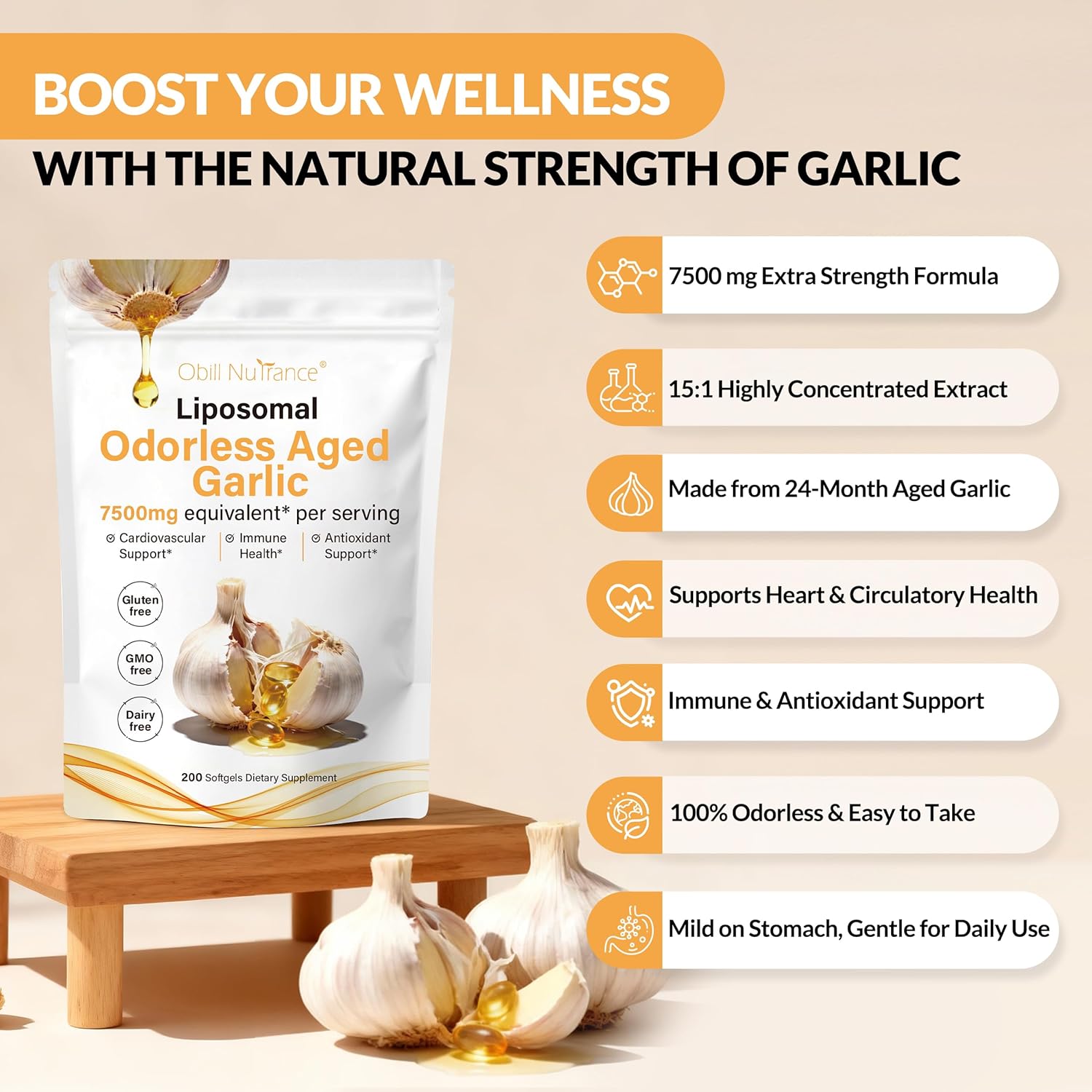 Obill NuTrance Aged Garlic Extract, 7500mg Odorless Organic Garlic Supplements, 2 Years Aged Garlic Extract, Grown Allium Sativum Bulb | Supports Immune & Antioxidant Health | Non-GMO, Gluten-Free - Image 3
