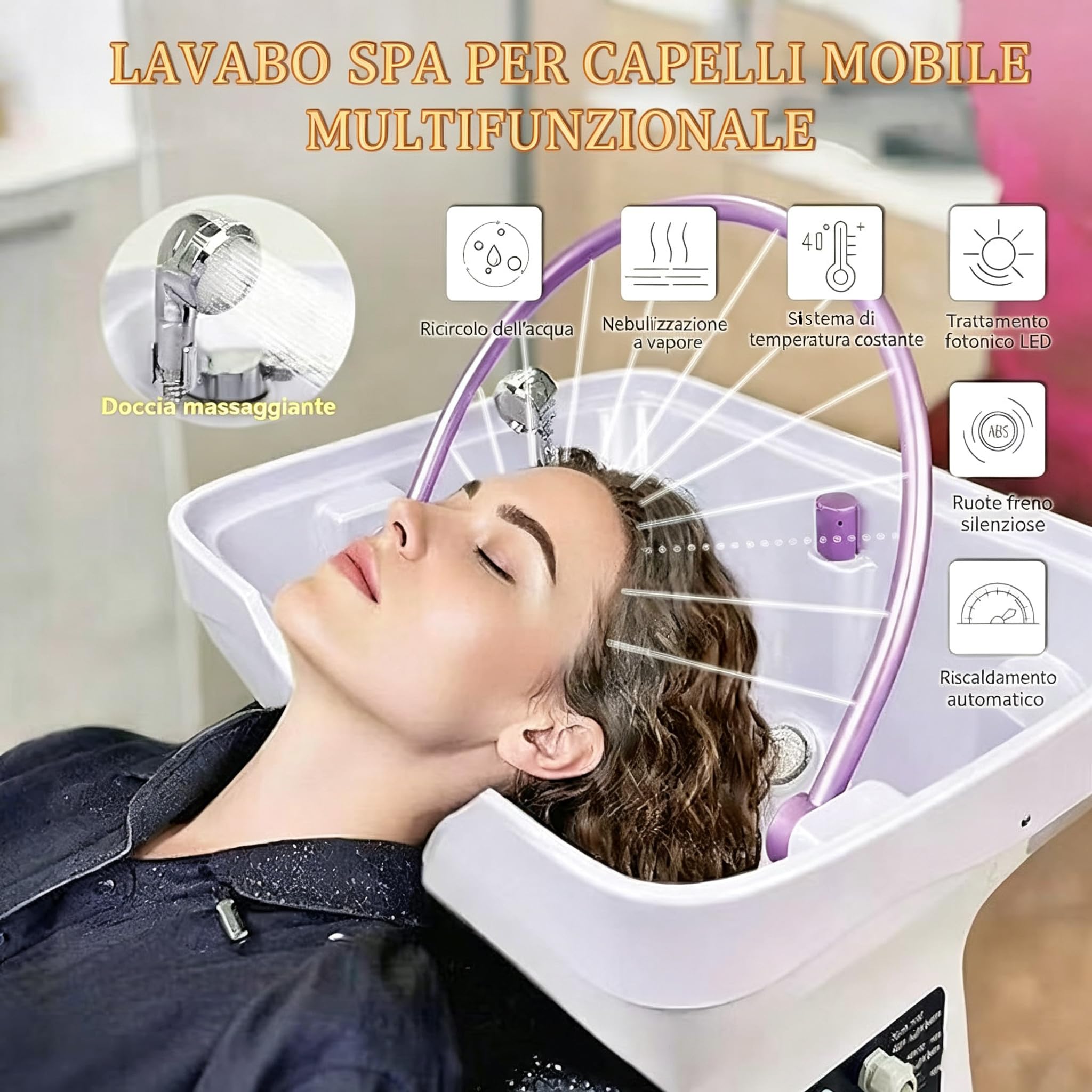 Attrezzatura Per Head Spa, Lavatesta Smontabile Con Ricircolo Acqua, Serbatoio 60L, Nebulizzatore E Cappuccio Vapore, 4 Ruote Orientabili, Per Persone Allettate E Saloni Parrucchieri (Bianco)