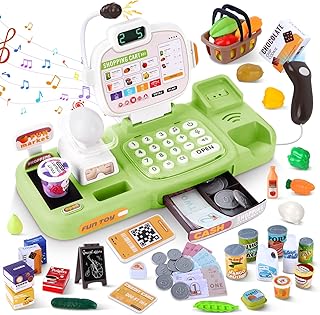 Caisse Enregistreuse Jouet pour Enfants, avec Scanner et Microphone, Inclut 75 Accessoires Shopping, Calculatrice Réelle, Jeux de Rôle au Marchande pour Garçon Fille de 3+ Ans (Vert)