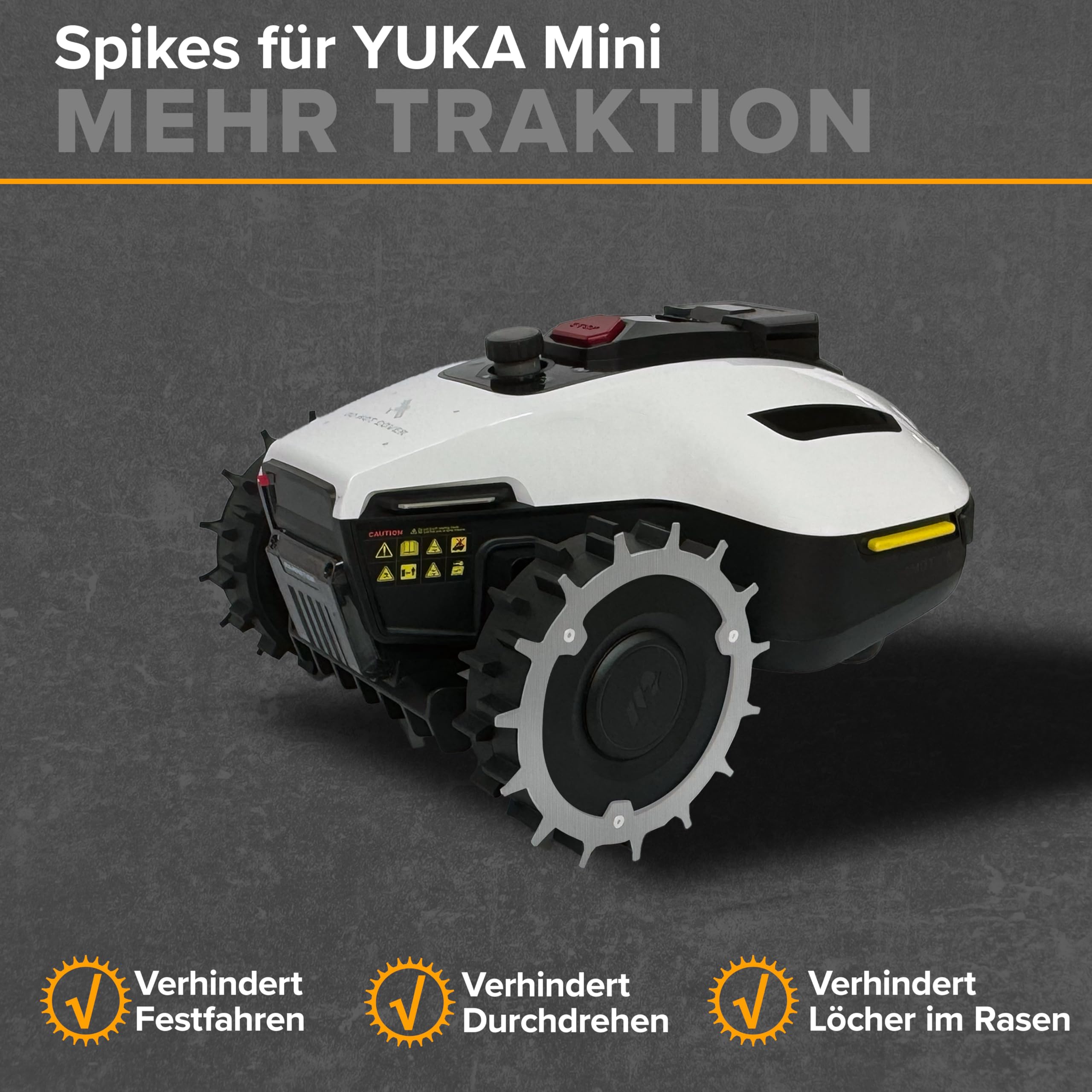 Picos para MAMMOTION YUKA Mini – Acero inoxidable – Picos de tracción para robot cortacésped – 6 x tornillos y espaciadores – autocentrado – Protección antideslizante y accesorios de