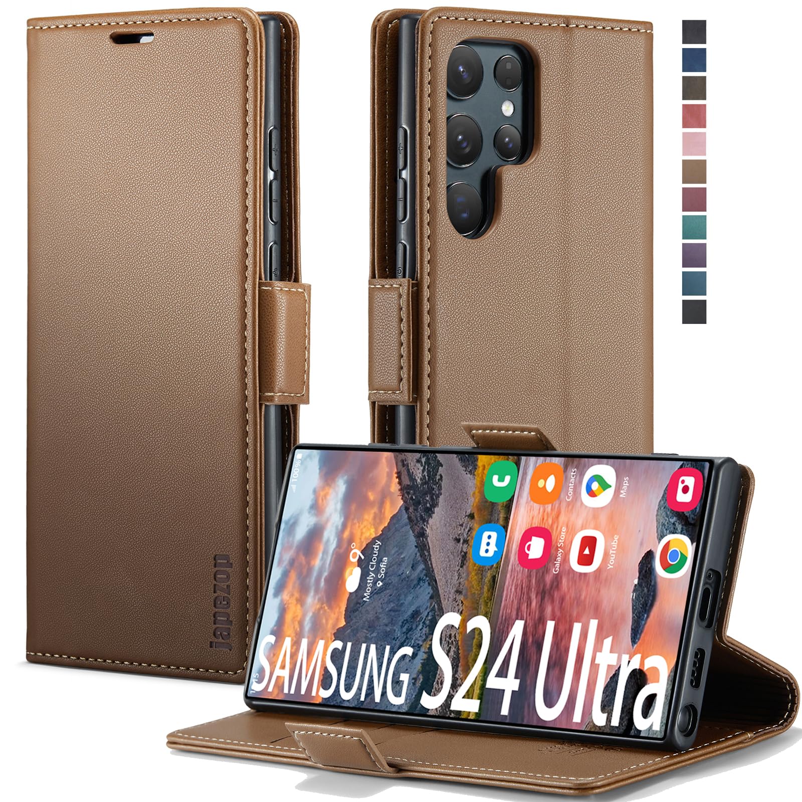 Samsung Galaxy S24 Ultra 5G Wallet Case with [RFID Blocking] Card Holder Kickstand Magnetic,Leather Flip Case Wallet for Samsung Galaxy S24 Ultra 6.8 Inch (Fashion Brown)