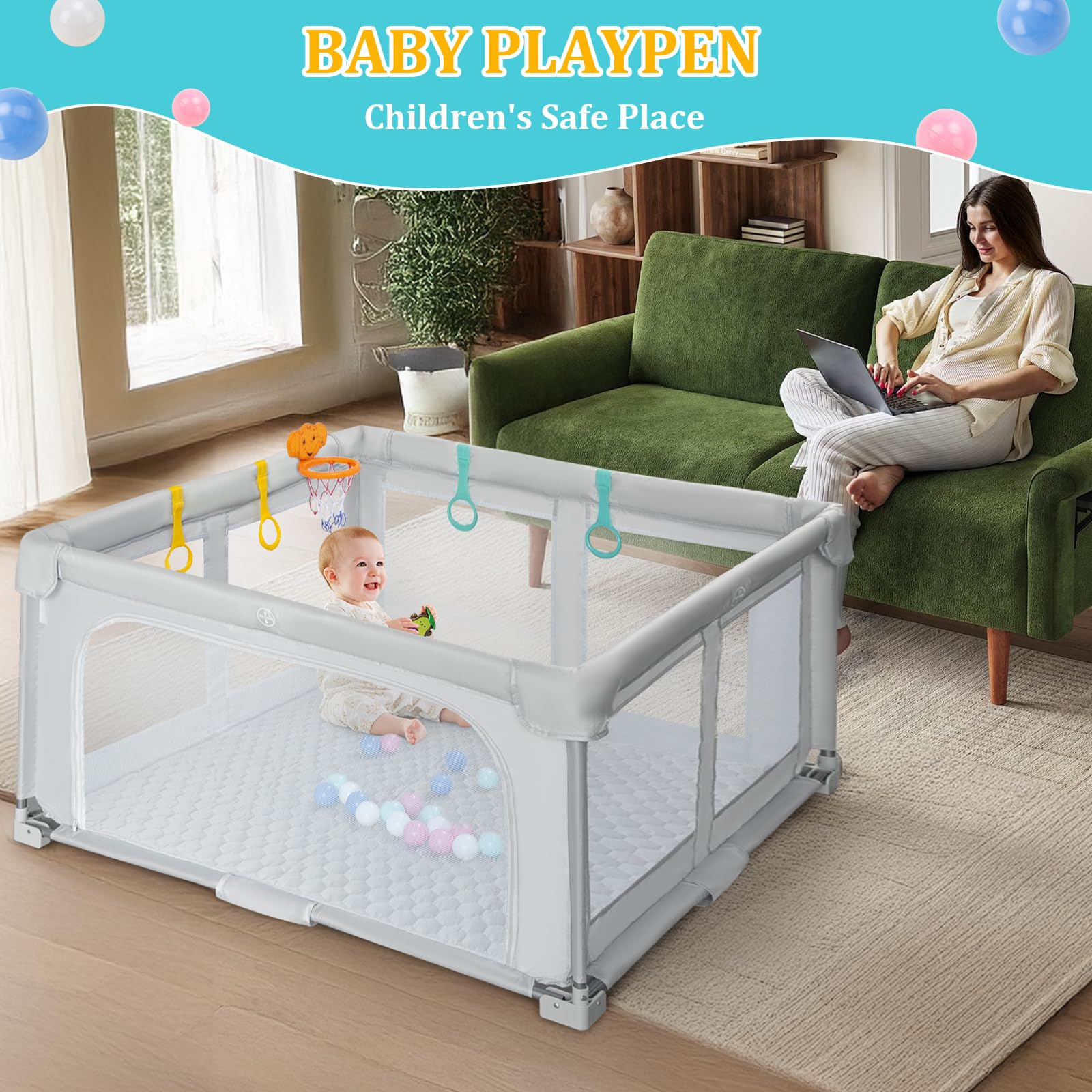 Jardín Plegable Bebé 127×127cm: Interior/Exterior – Bolsa, 20 Pelotas, 4 Anillos + Canasta, Colchoneta Espuma