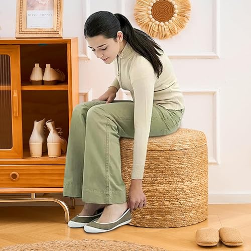 Miniatura 17 de Wimarsbon Puf otomano de 18 pulgadas, puf trenzado natural, puf rústico de tejido a mano, taburete reposapiés bohemio para dormitorio, mesa Cáscara