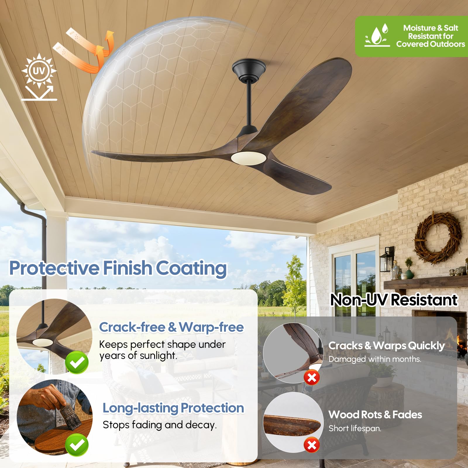 Ventilador de Techo de 178 cm con Luz y Control Remoto, 3 Aspas de Madera Maciza, Motor de CC reversible silencioso,Adecuado para dormitorios grandes, salas de estar, balcones y porches cubiertos