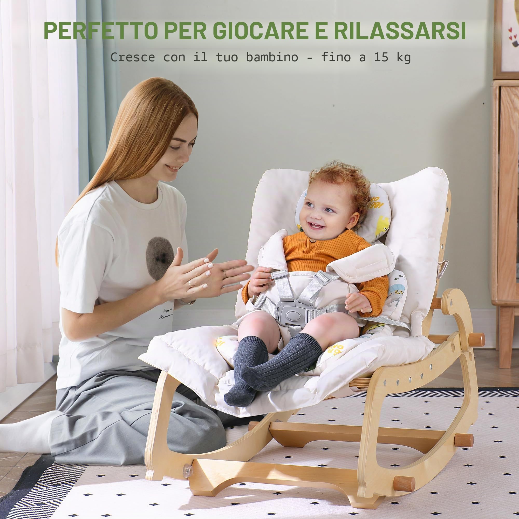 MallBest 3 in 1 Baby Bouncer regolabile in legno Rocker Chair Recliner with Removable Cushion and Seat Belt for Infant to Toddler (Beige Style)