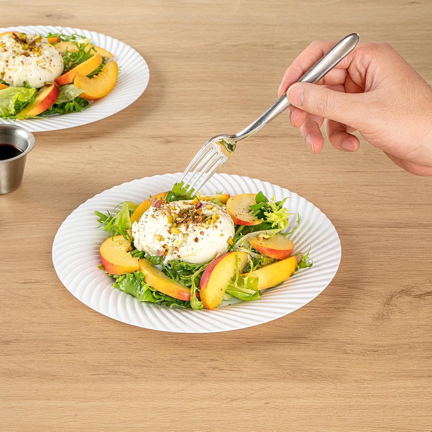 Moderna 9 Inch Premium Disposable Plates, 200 Round Plastic Plates For Parties - Wave Pattern, Heavy-duty, White Plastic Dinner Plates, For Warm And Cold Foods, Ideal For Cafes - Restaurantware