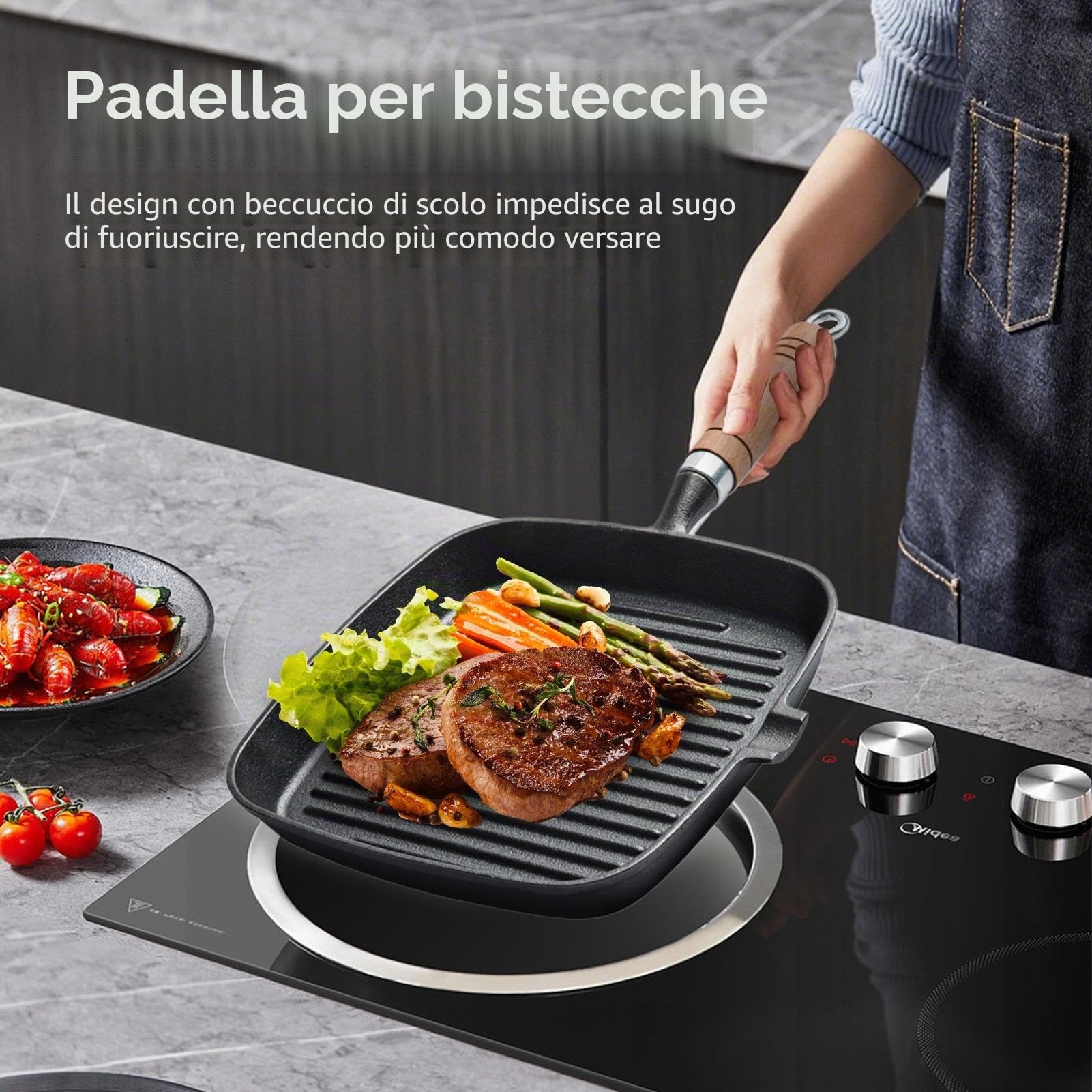 Bistecchiera in ghisa, antiaderente, quadrata, ergonomica, resistente al calore, multifunzione, per panini, hamburger, pancetta