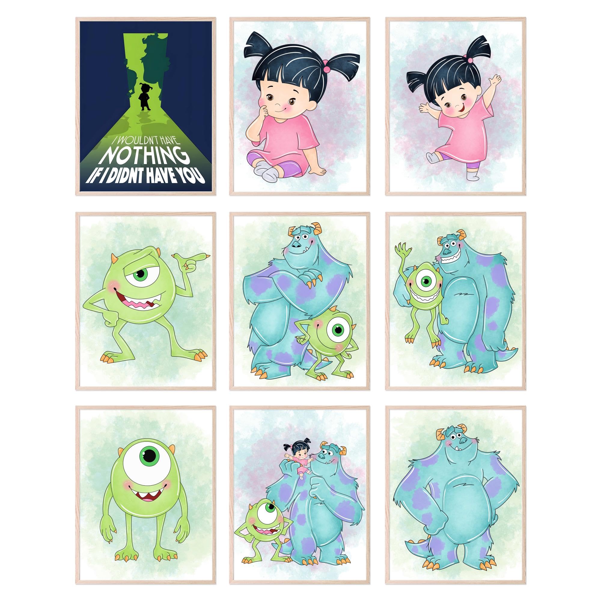 BigWig Prints Monsters Inc. Wall Art - Pixar Character Posters, Sully and Mike Wazowski Art, Kids Room Decor, Cute Colorful Nursery Artwork, Inspirational Quote - Unframed Set of 9 (8x10)