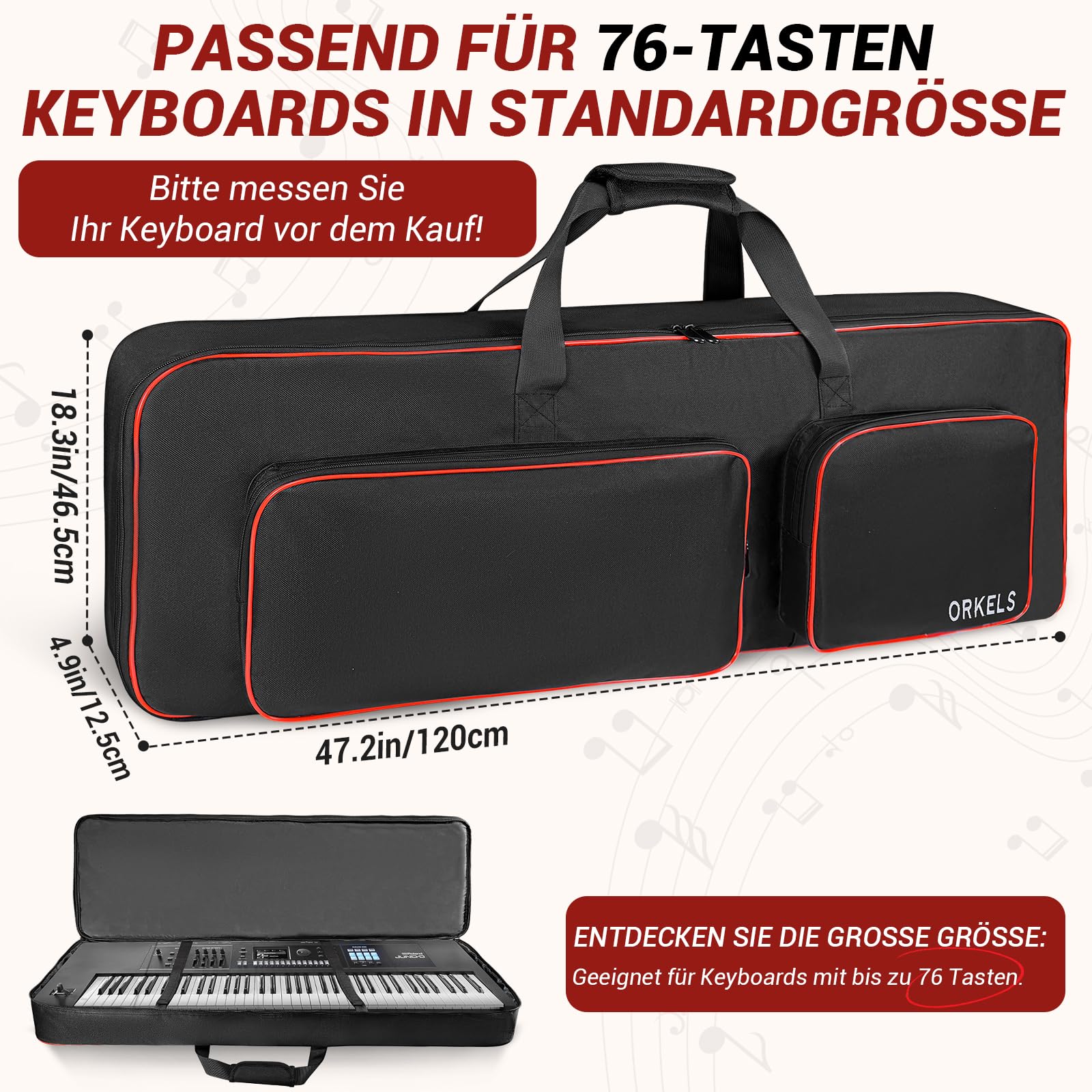 Custodia per tastiera per e-iano, imbottita 600D, impermeabile, con spallacci e scomparto per accessori (76 tasti 120 x 48 x 15,5 cm)