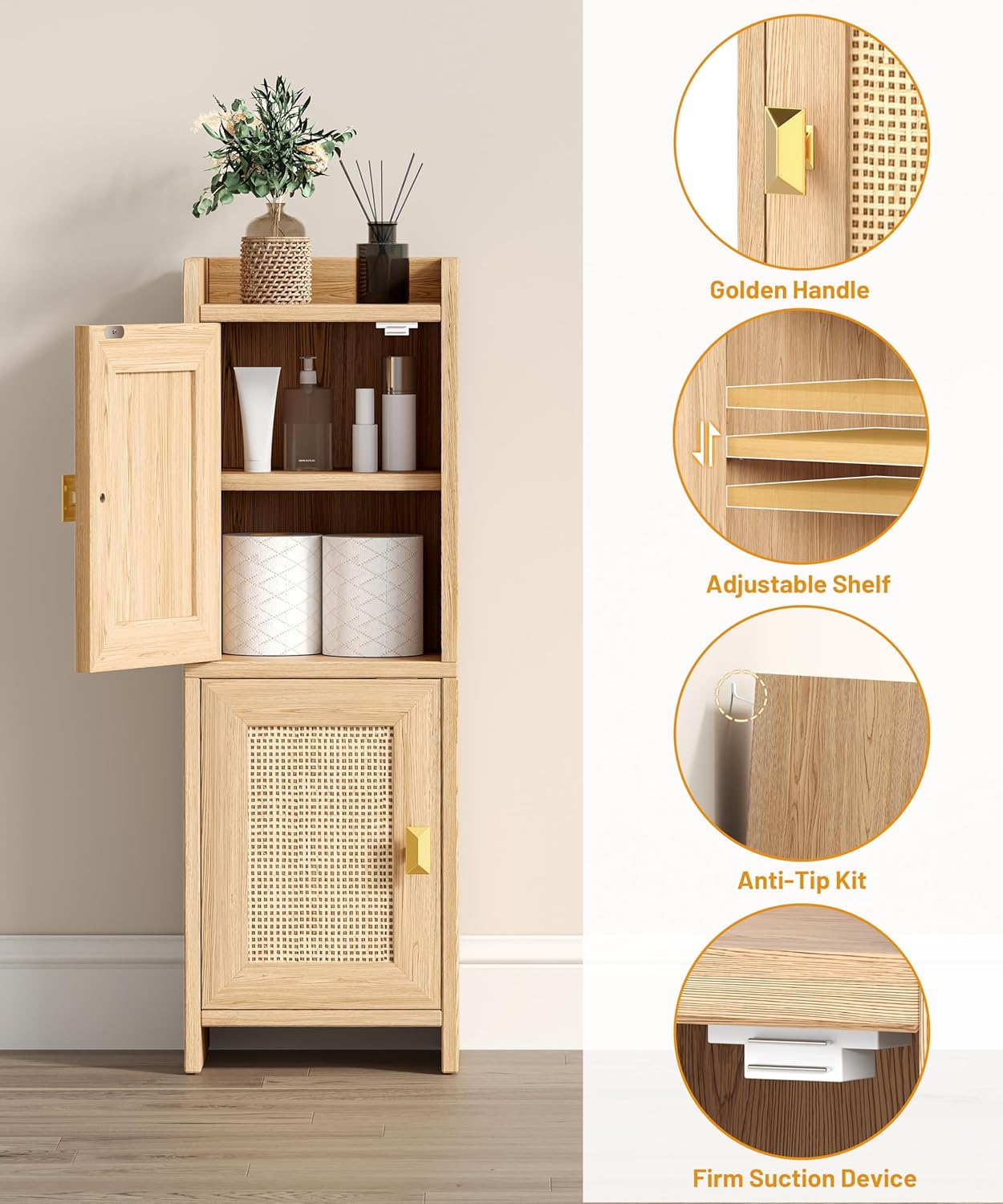 Rattan Small Bathroom Cabinet with 2 Doors, 7.9''D x 9.8''W Narrow Toilet Paper Storage Cabinet, Bathroom Organizer for Small Spaces, Wooden Slim Corner Unit with Adjustable Shelf, Natural Oak