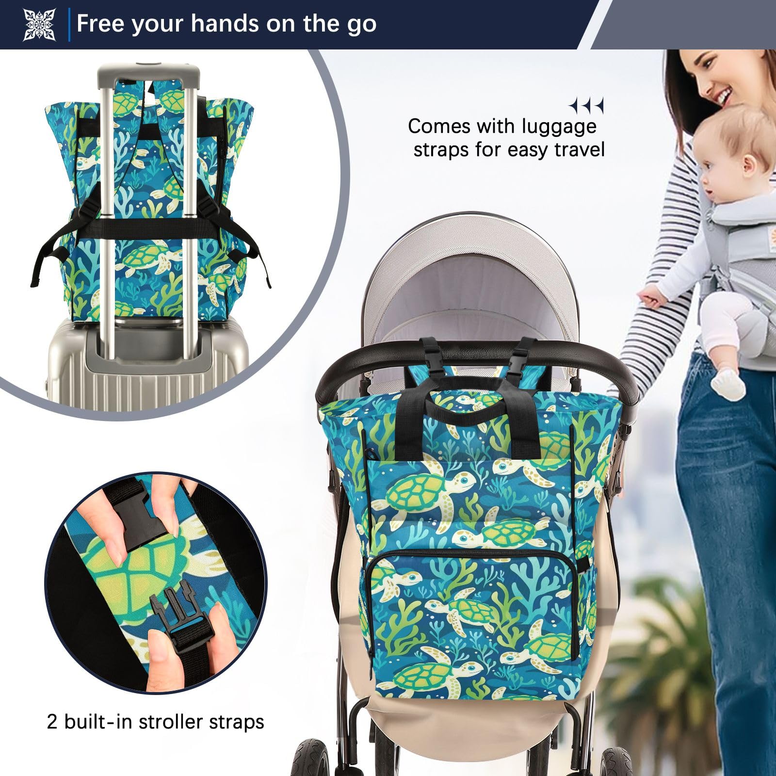 Mnsruu Green Turtles Seaweed Baby Diaper Bag Zaino Grande Borsa Impermeabile Viaggio Pannolino Borse per Mamme e Papà
