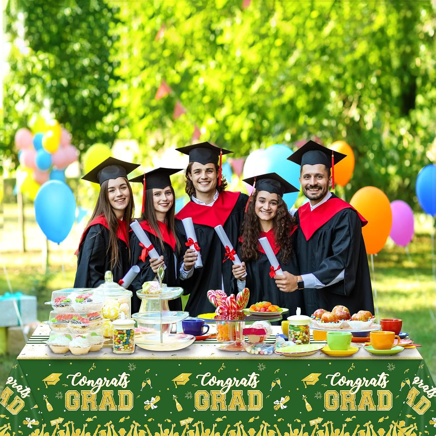 chiazllta Set of 3 Graduation Tablecloths Class of 2026 Congrats Grad Green Graduation Party Tablecover Decorations Party Supplies Large Size Plastic 54"x108"(Green & Gold)