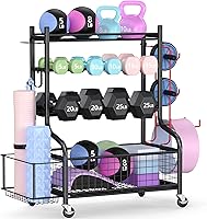 PLKOW Dumbbell Rack with Wheels - Heavy Duty Steel Home Gym Organizer for Dumbbells, Kettlebells, Yoga Mats, Balls & Resistance Bands