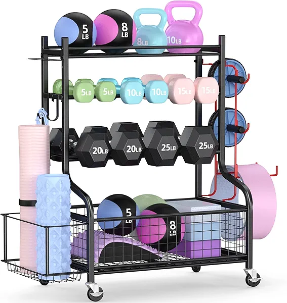 PLKOW Dumbbell Weight Rack, Home Gym Storage for Kettlebells Yoga Mat and Balls, All in One Workout Storage with Wheels and Hooks, Powder Coated Finish Steel