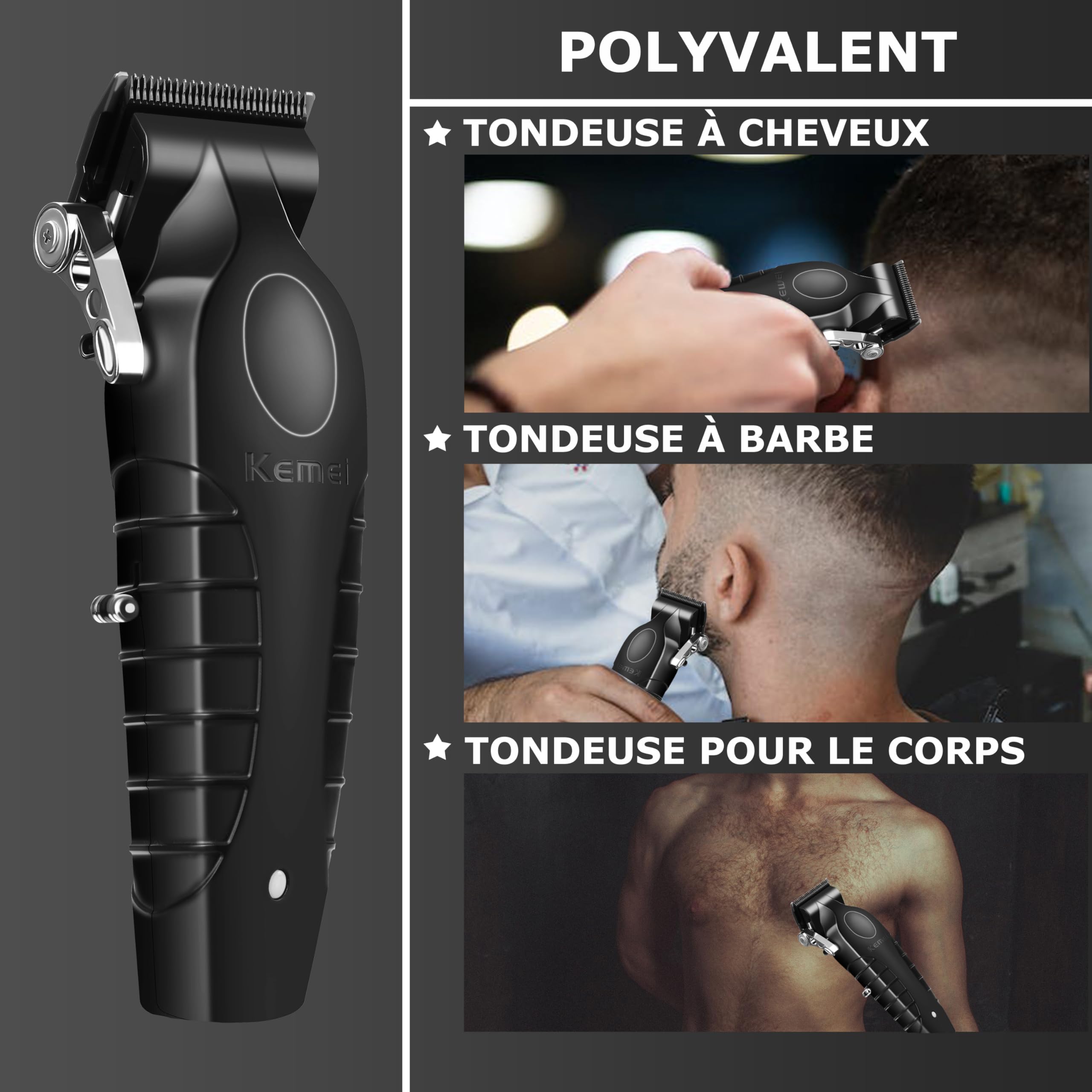 KEMEI 2296 Tondeuse à Cheveux Professionnelle Homme, Sans Fil, Lames en T, Recharge USB, Noir