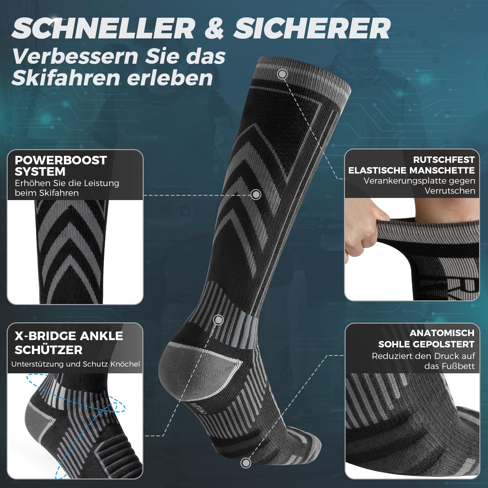 Rahhint Calze da Sci a Compressione in Lana Merino per Uomo, Donna e Adolescente, Calze Termiche Invernali, Calze da Trekking Con Imbottitura, Calze al Ginocchio, Taglia 35-51, (2 Paia)