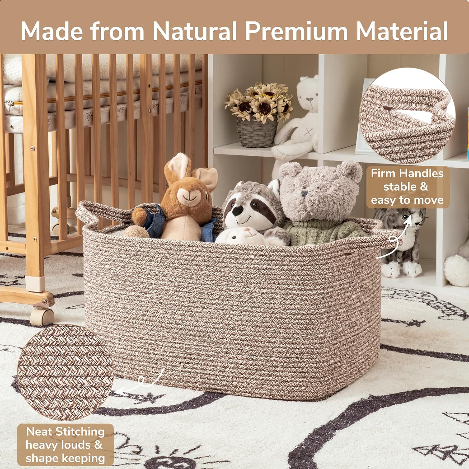 Goodpick Large Woven Storage Basket, 21.6" x 14.9" x 11.8" Blanket Basket for Living Room, Bedroom, Rectangle Rope Storage Organizer for Clothes, Toys, Brown