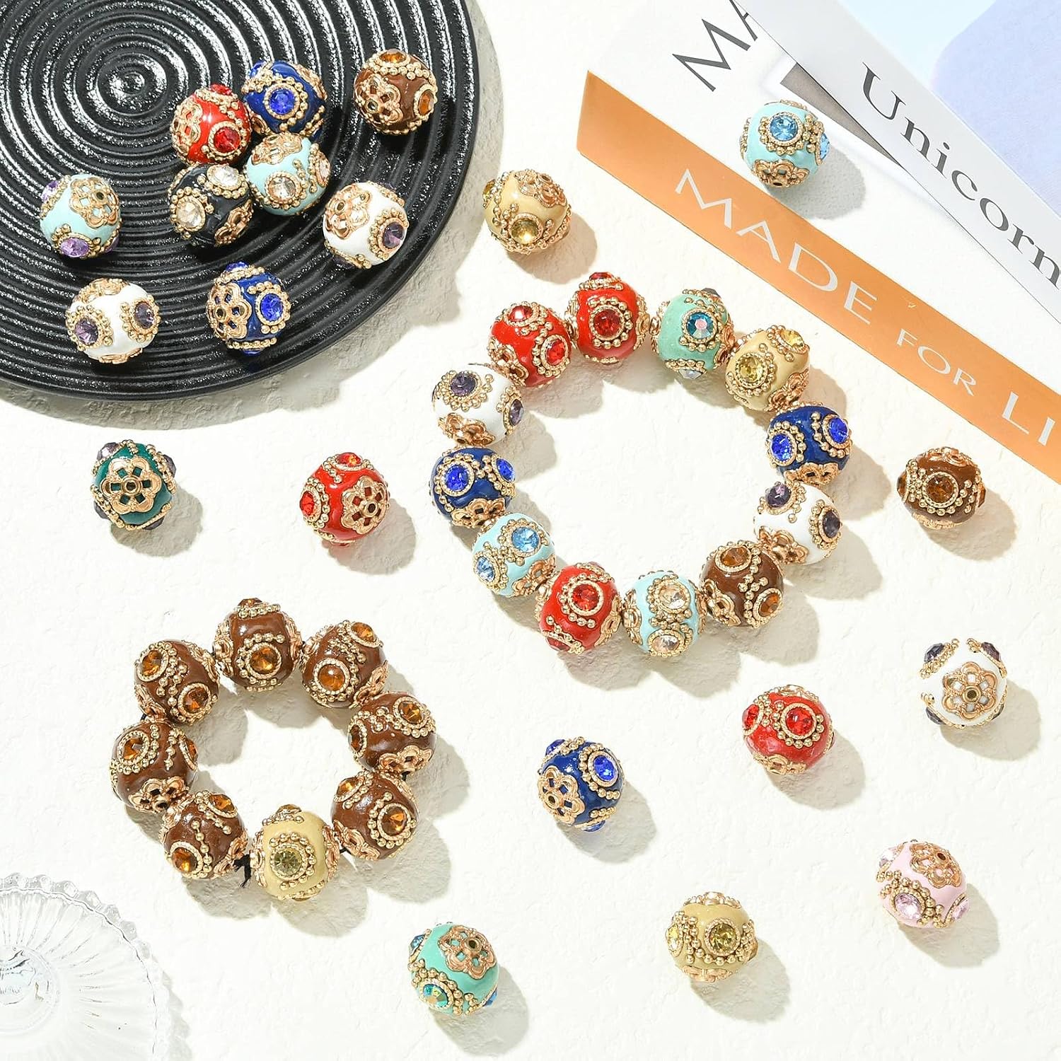 DanLingJewelry 20Pcs Handmade Indonesia Round Beads 20mm Vintage Flower Glass Polymer Clay Loose Beads for Jewelry Making Bracelets image 4