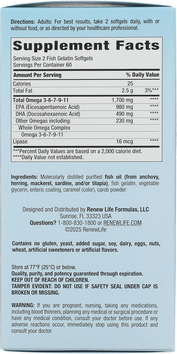 Renew Life Norwegian Gold Critical Omega Softgels, Daily Supplement Supports Heart, Brain and Joint Health, EPA and DHA Omega-3 Fish Oil, Dairy and gluten-free, 850 Mg 120 Count